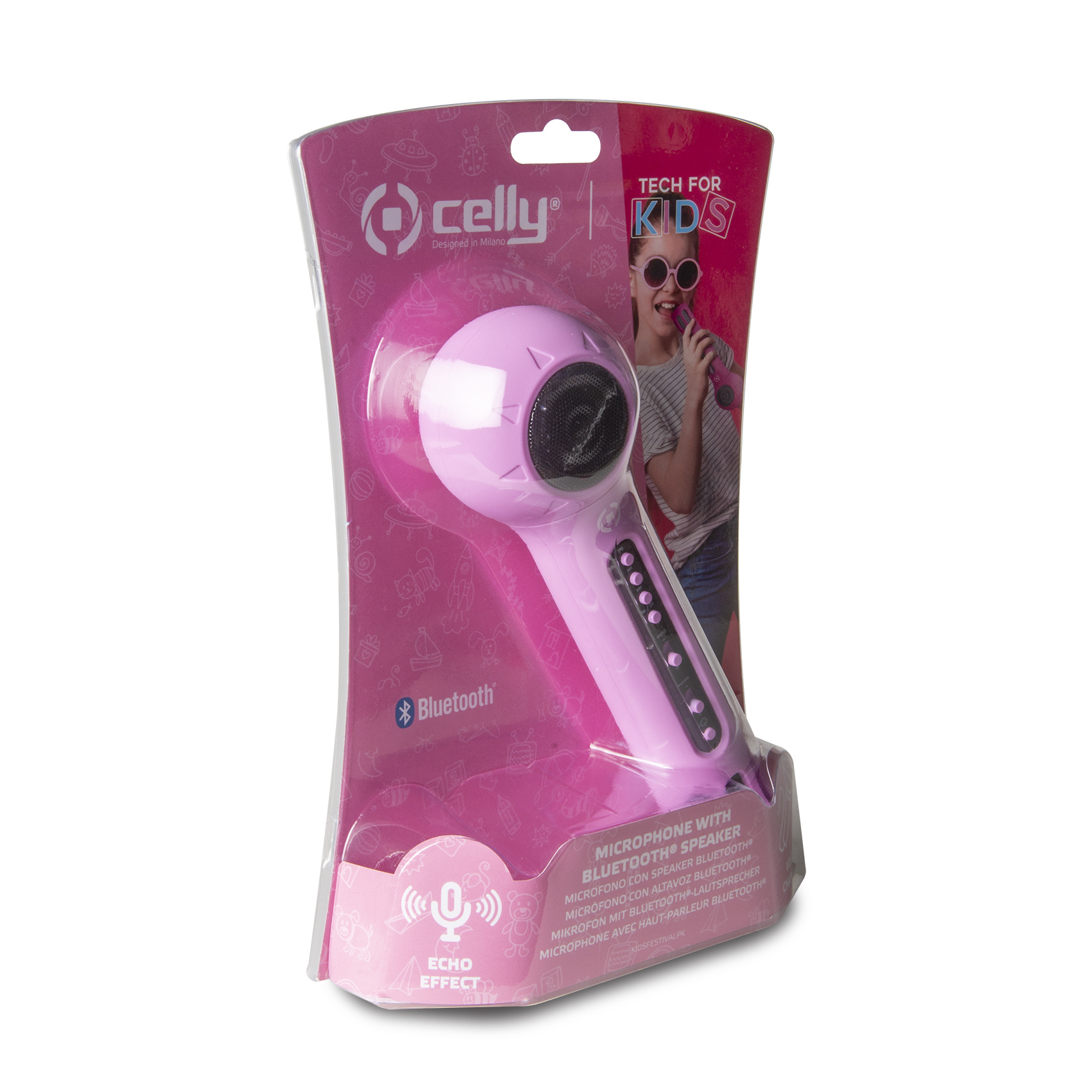 Rosa Celly Tech for Kids Mikrofon in Verpackung. Mit Bluetooth. Bild zeigt ein Mädchen, das das Mikrofon benutzt.