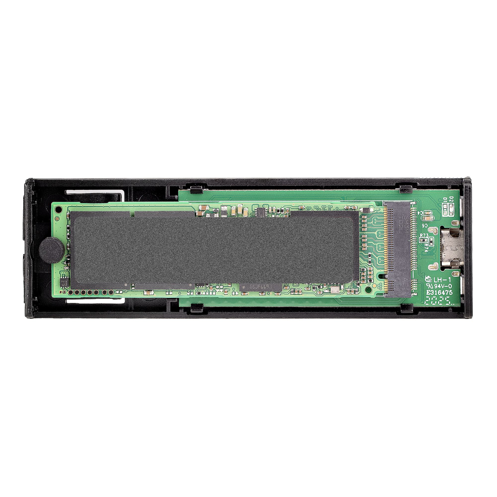 Una vista dall'alto mostra un case SSD nero con un circuito stampato verde e un SSD nero all'interno.