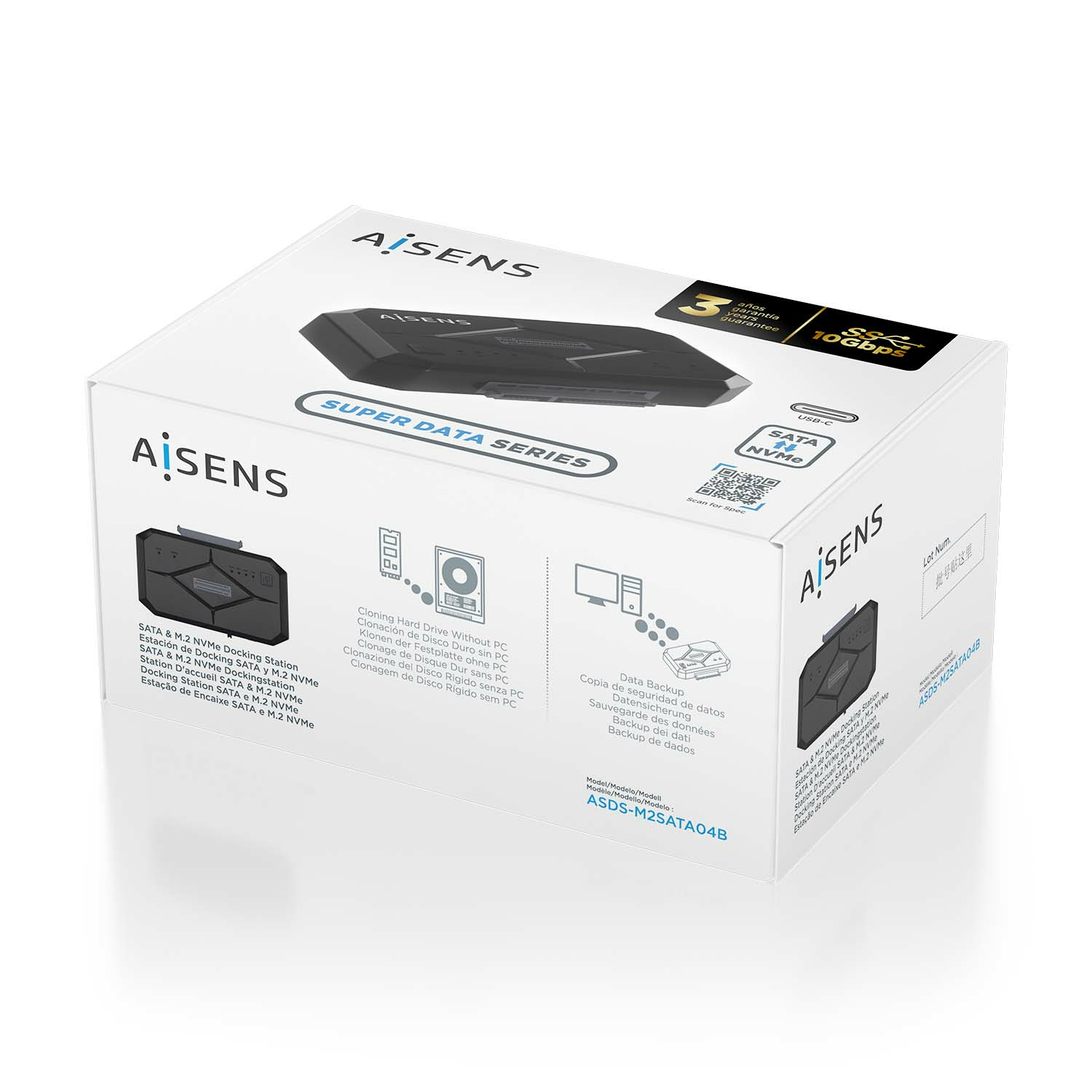 Karton mit schwarzem Gerät, weißer Hintergrund. Text enthält 'AISENS', 'SUPER DATA SERIES' und SATA/NVMe-Info.
