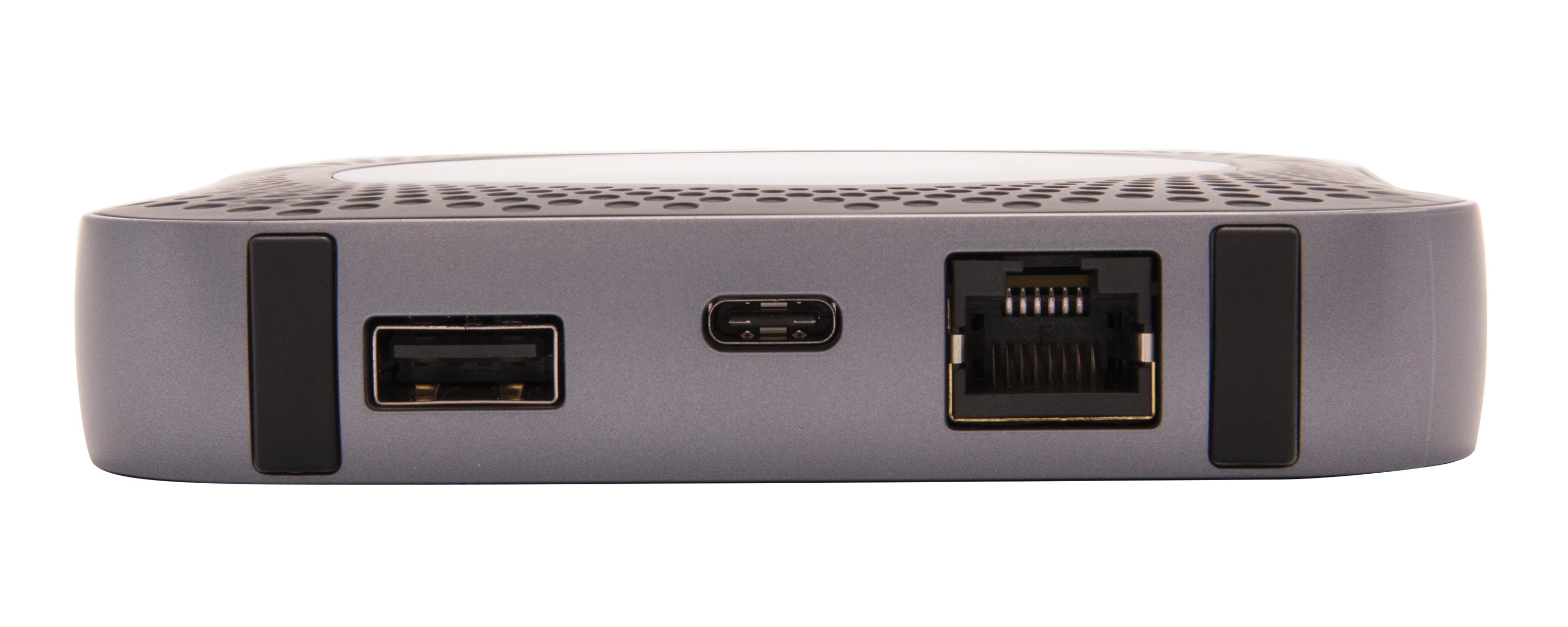Ein graues elektronisches Gerät mit USB-, USB-C- und Ethernet-Anschluss an der Vorderseite. Weißer Hintergrund.