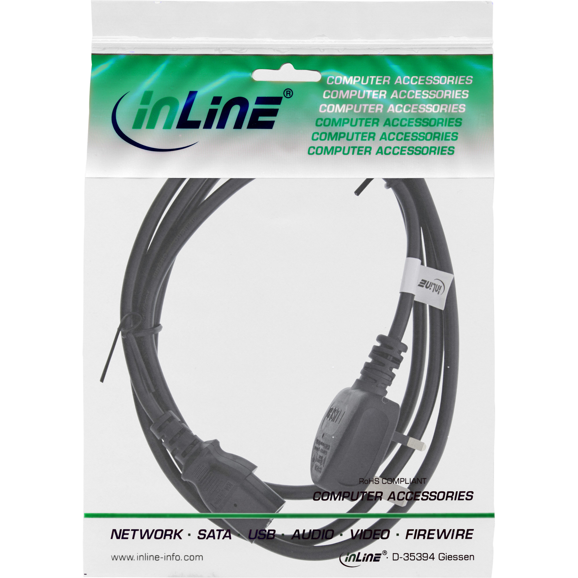 Ein schwarzes Netzkabel in einer transparenten Plastikverpackung mit dem 'inLine' Logo und Produktinformationen.