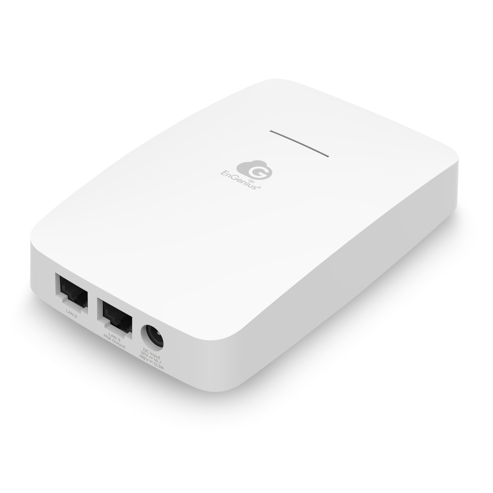 Ein weißer EnGenius-Access-Point, schräge Ansicht. Mit LAN-Anschlüssen, DC-Eingang und Logo.