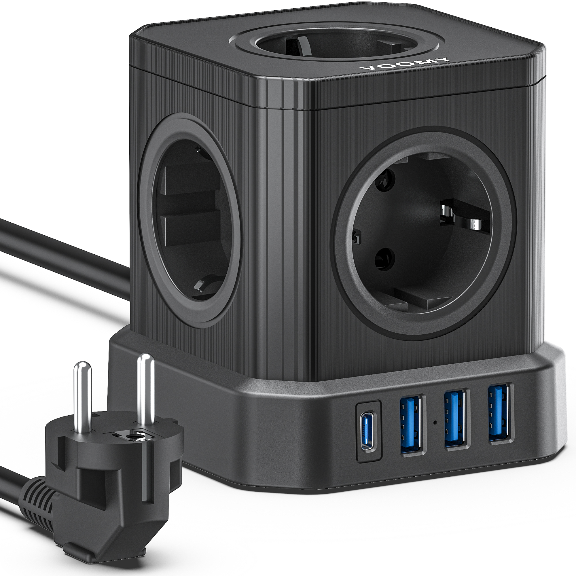 Schwarzer Power-Cube mit Steckdosen, USB-Anschlüssen und Stecker auf weißem Hintergrund. Modernes Design.
