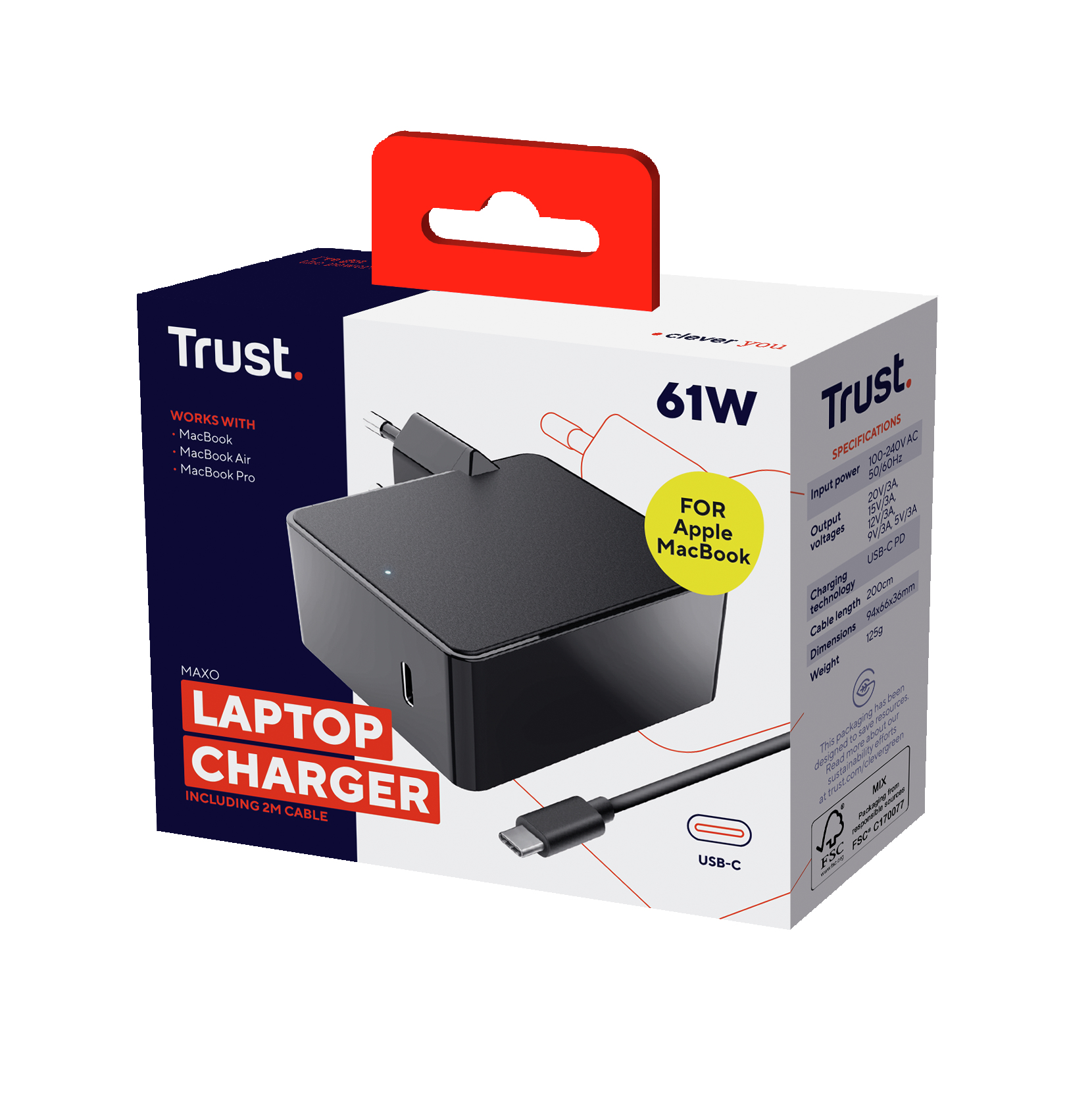 Una scatola per caricabatterie per laptop con un caricabatterie nero, un gancio rosso e testo bianco e rosso, per Apple MacBook.