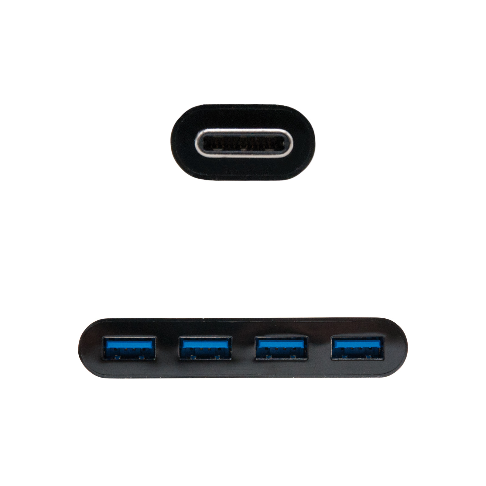 Un concentrador USB con cuatro puertos USB azules y un puerto USB-C, ambos negros. El fondo es blanco.