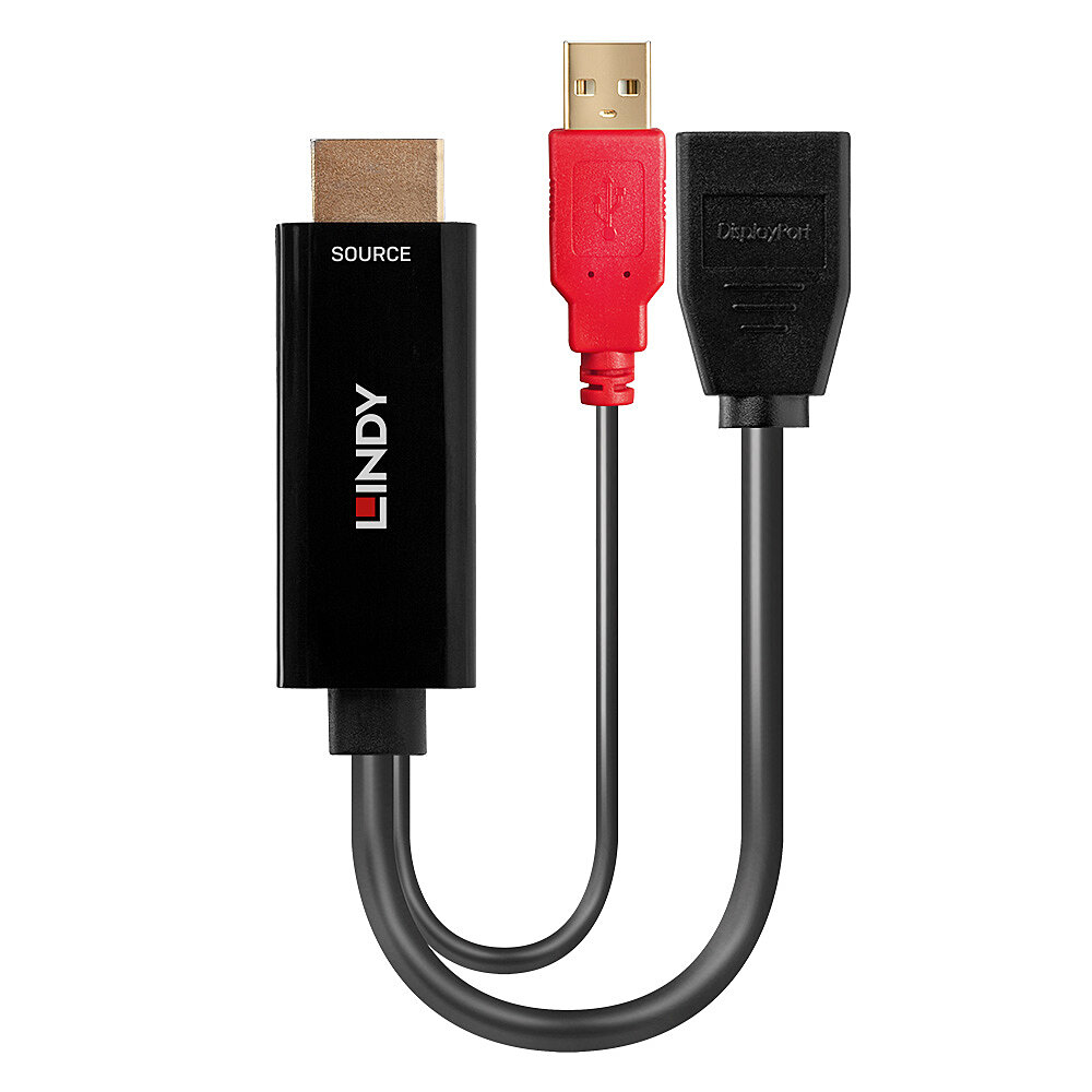 Ein schwarzer Lindy-Adapter mit HDMI- und DisplayPort-Anschlüssen, ein rotes USB-Kabel und ein schwarzes Kabel auf weißem Hintergrund.