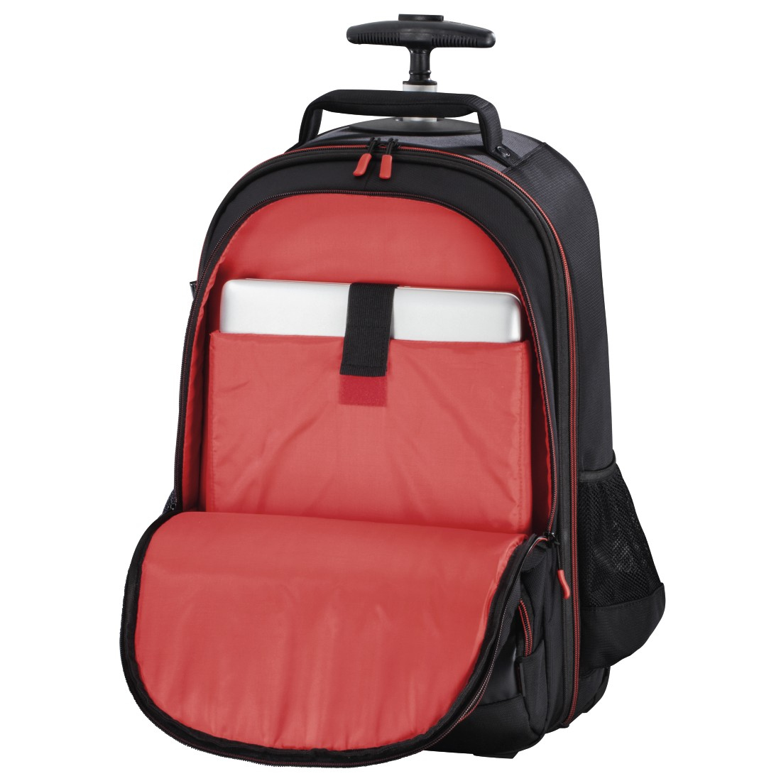 Schwarzer Rucksack mit roter Einfassung, geöffnet, um ein rotes Innenfach und einen Laptop freizugeben. Mit Griff und ausziehbarem Griff.