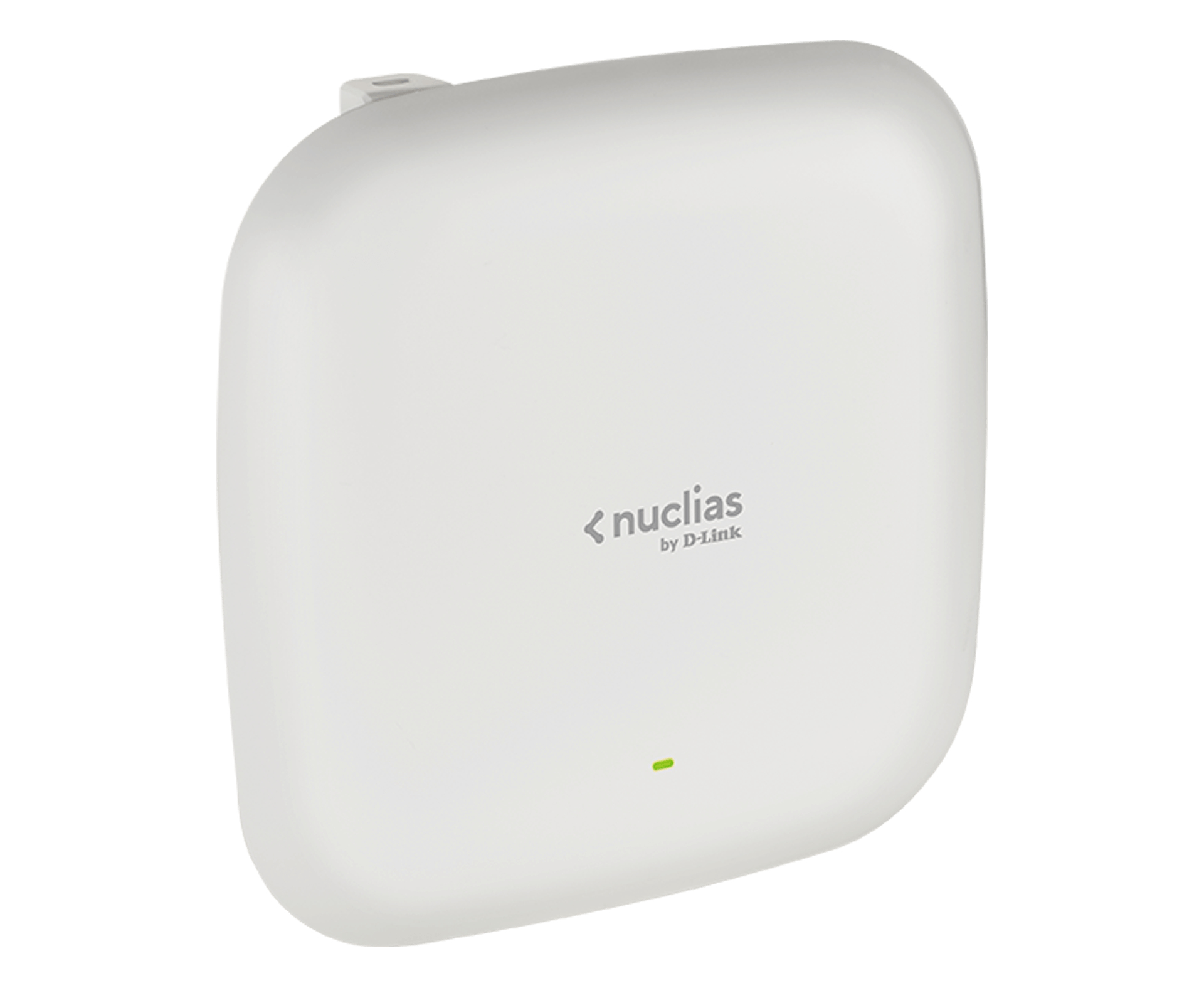 Ein weißer Nuclias von D-Link Access Point. Es hat abgerundete Kanten, ein grünes Licht und das Markenlogo.