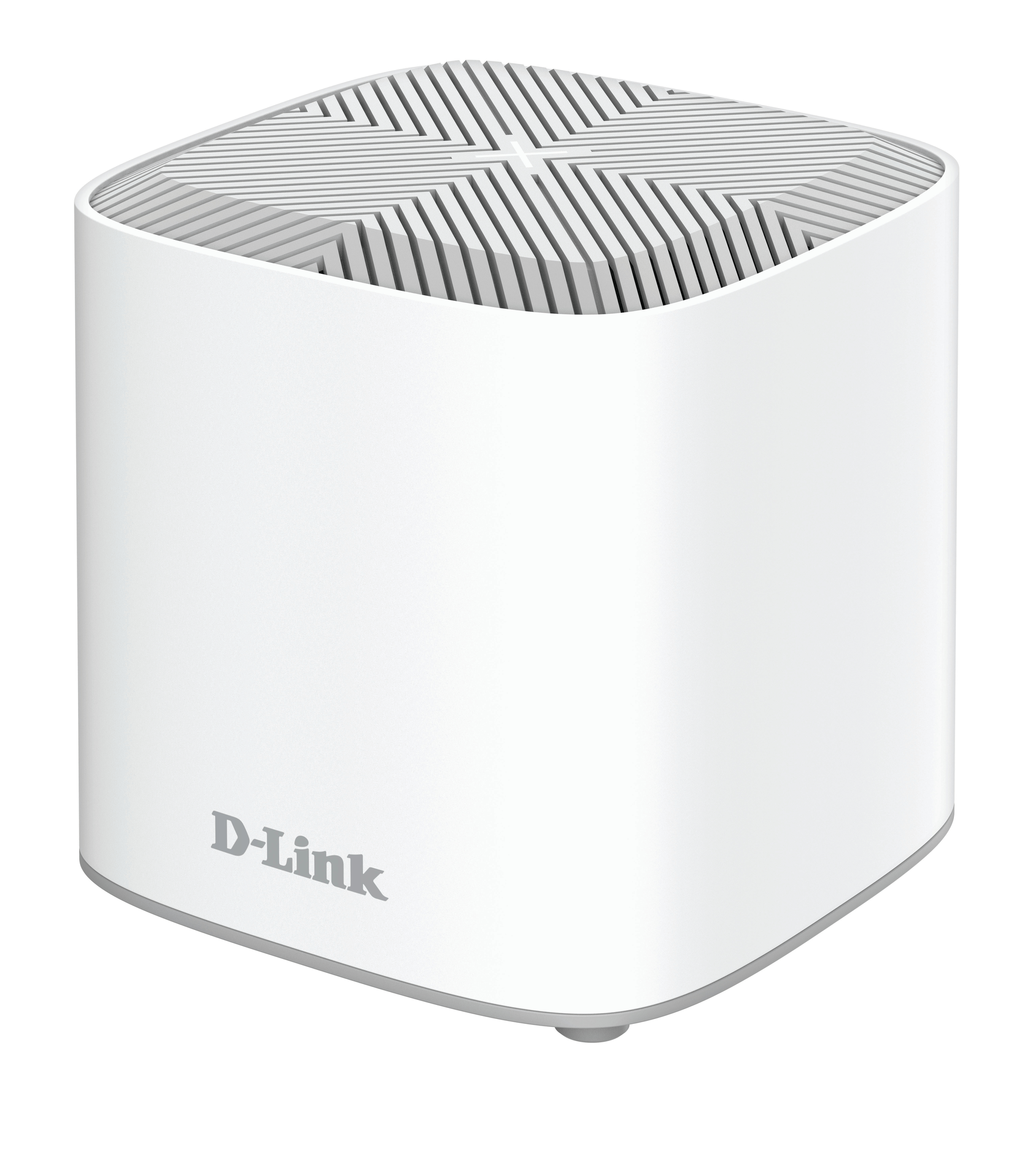 Biały router D-Link z kwadratową podstawą, żebrowaną górą i logo D-Link z przodu.