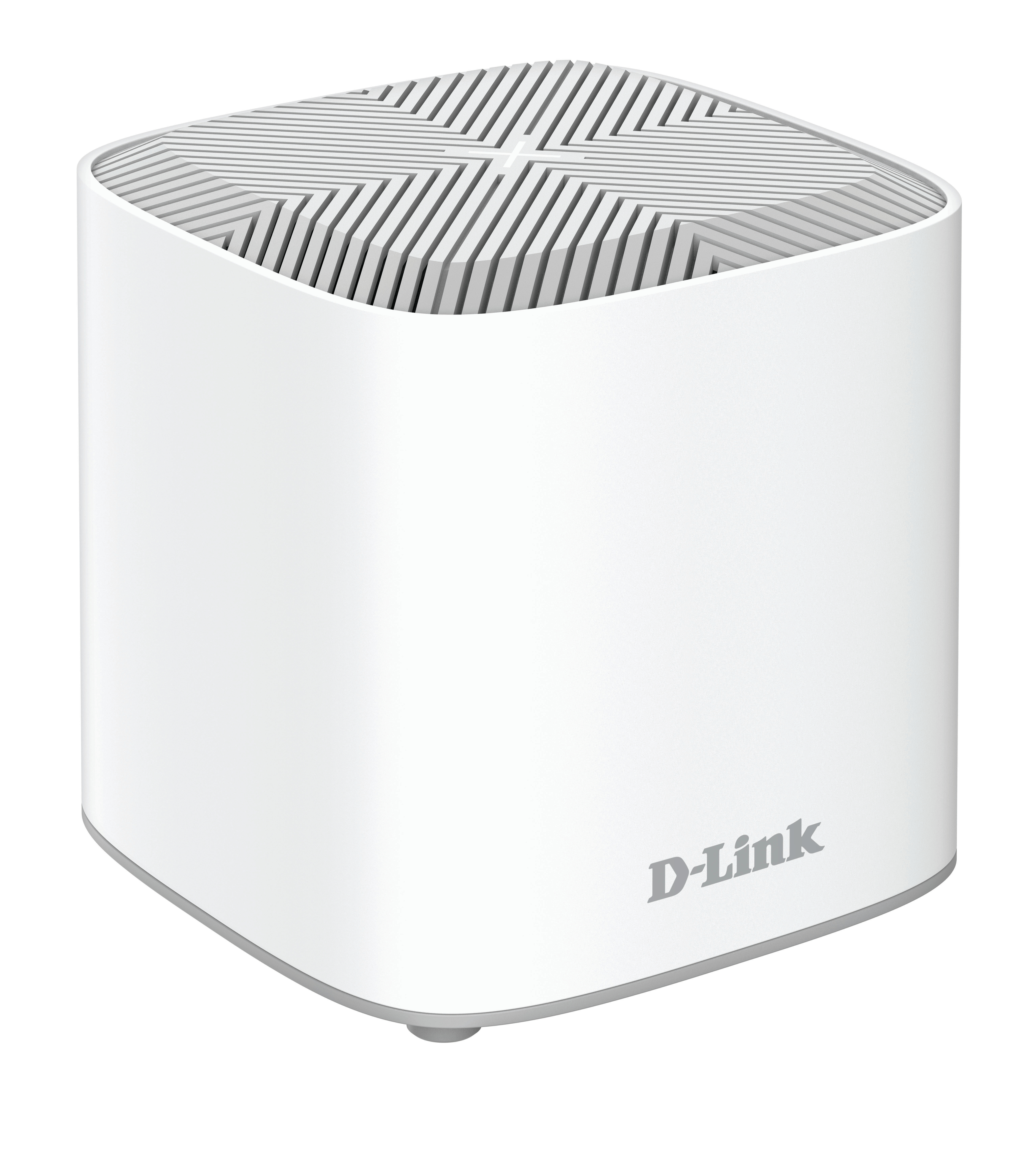Biały router D-Link w kształcie kostki z żebrowanym wierzchem. Logo D-Link z przodu.