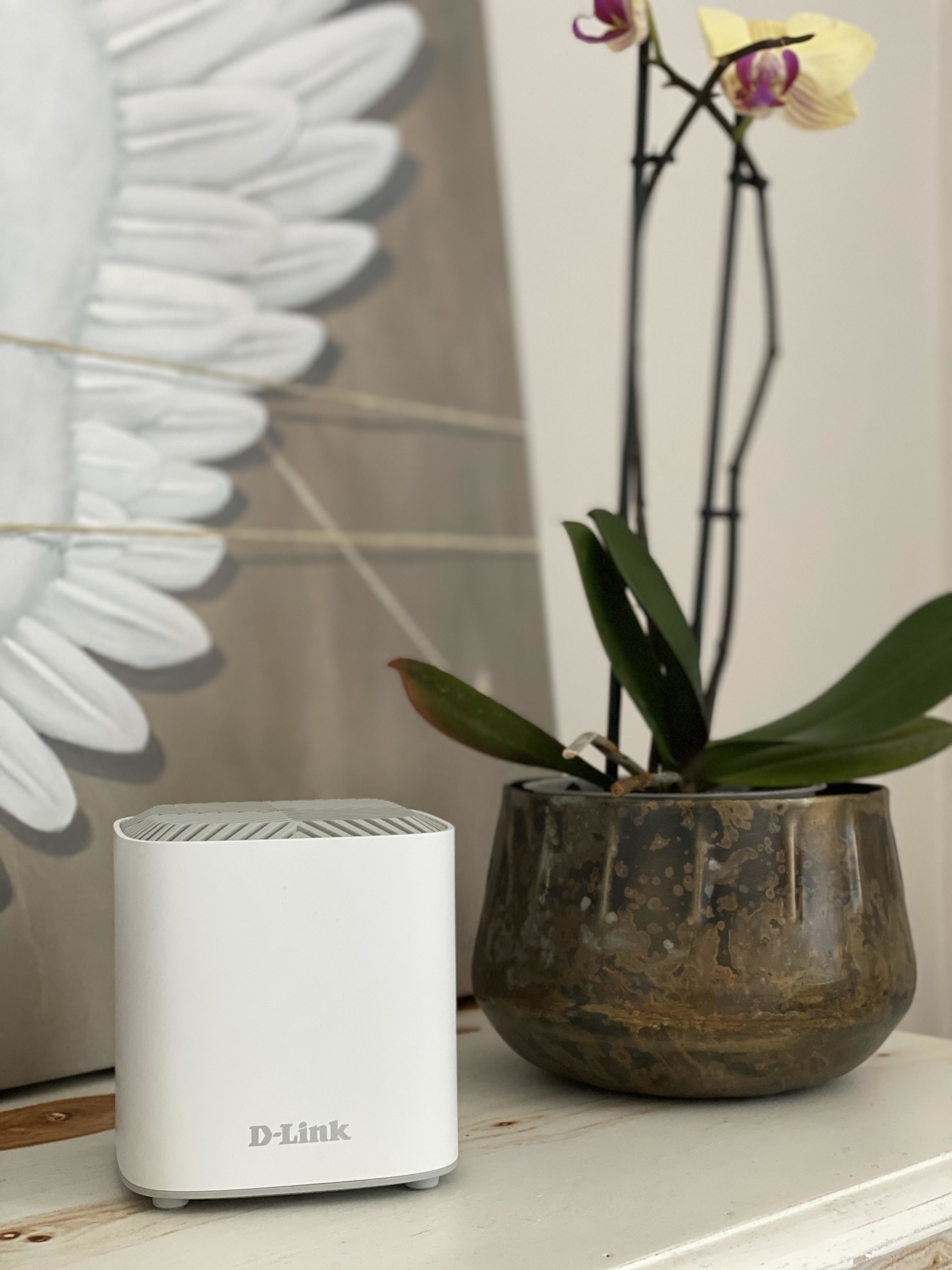 Biały router D-Link obok orchidei w brązowej doniczce. W tle biały obraz słonecznika.