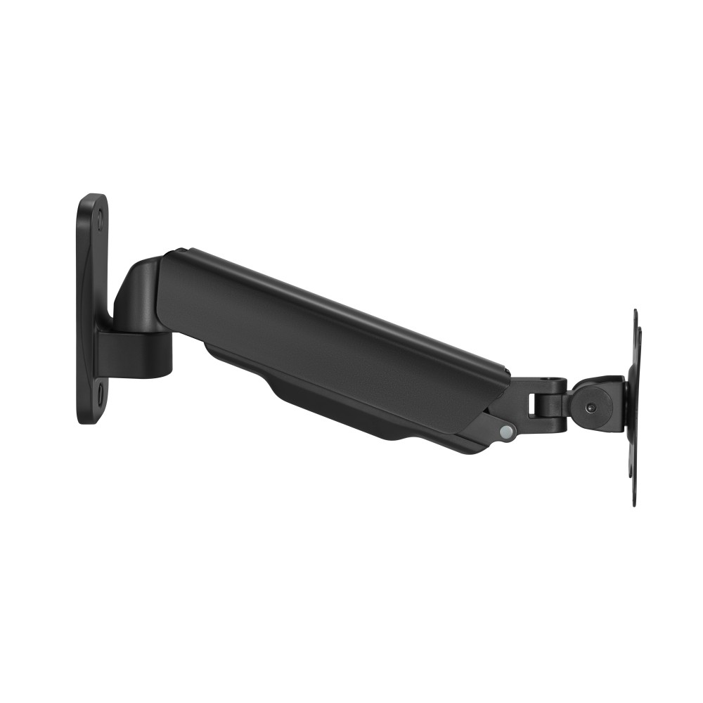 A black monitor arm, wall-mounted, is shown. It has an articulated arm and a bracket for attaching a monitor.