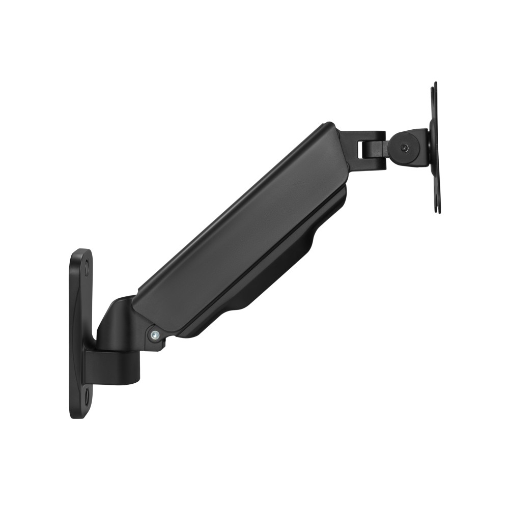 A black monitor arm is mounted on a white wall. The arm is angled and has a mechanical design to support a screen.
