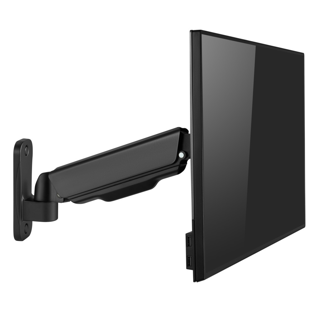 A black monitor mounted on a black arm, attached to a wall mount. The screen is dark and reflects some light. Isolated on white.