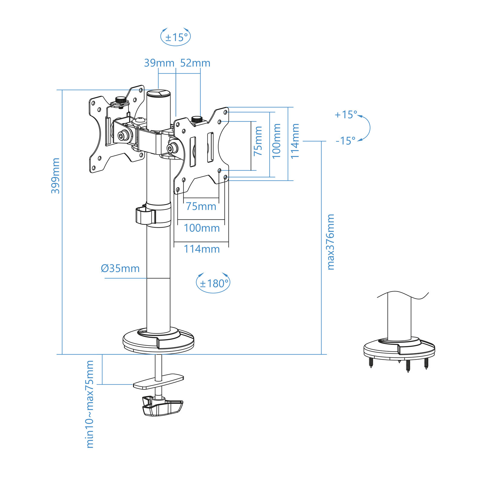 Diagram van een monitorbevestiging met afmetingen in millimeters en hoeken. Het bevat een basis, paal en verstelbare onderdelen.