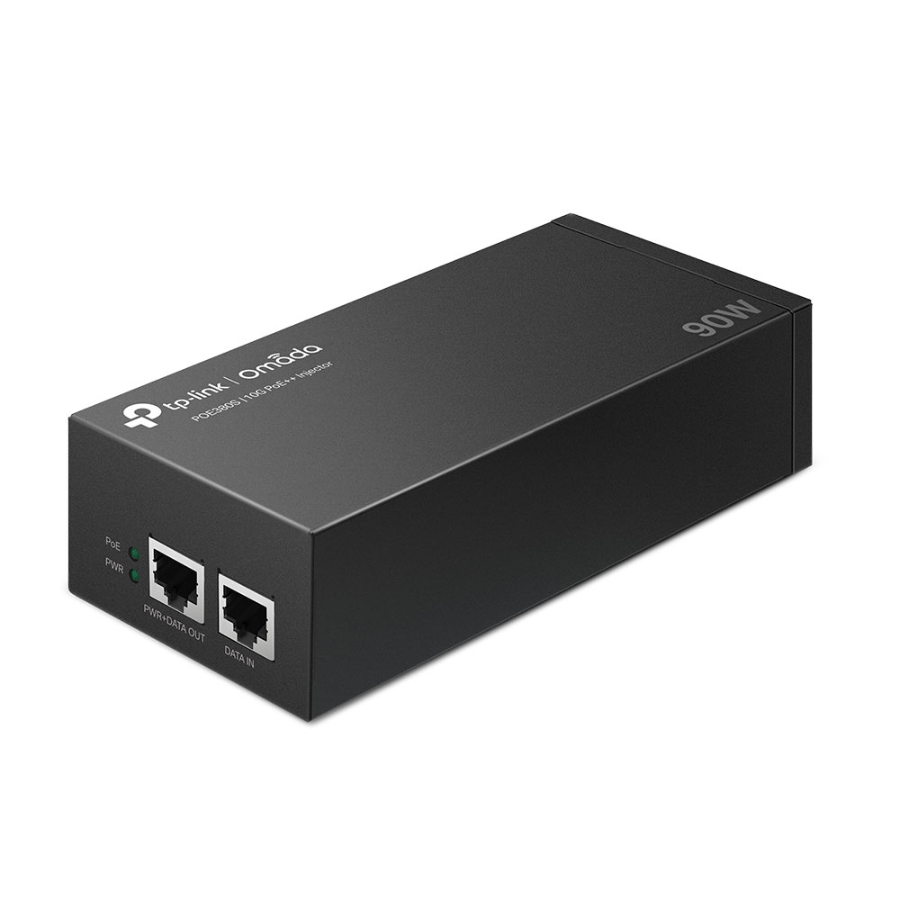 Siyah TP-Link Omada PoE++ enjektörü. PWR+DATA OUT ve DATA IN etiketli bağlantı noktaları var. Sağ üst köşede '90W' yazıyor.