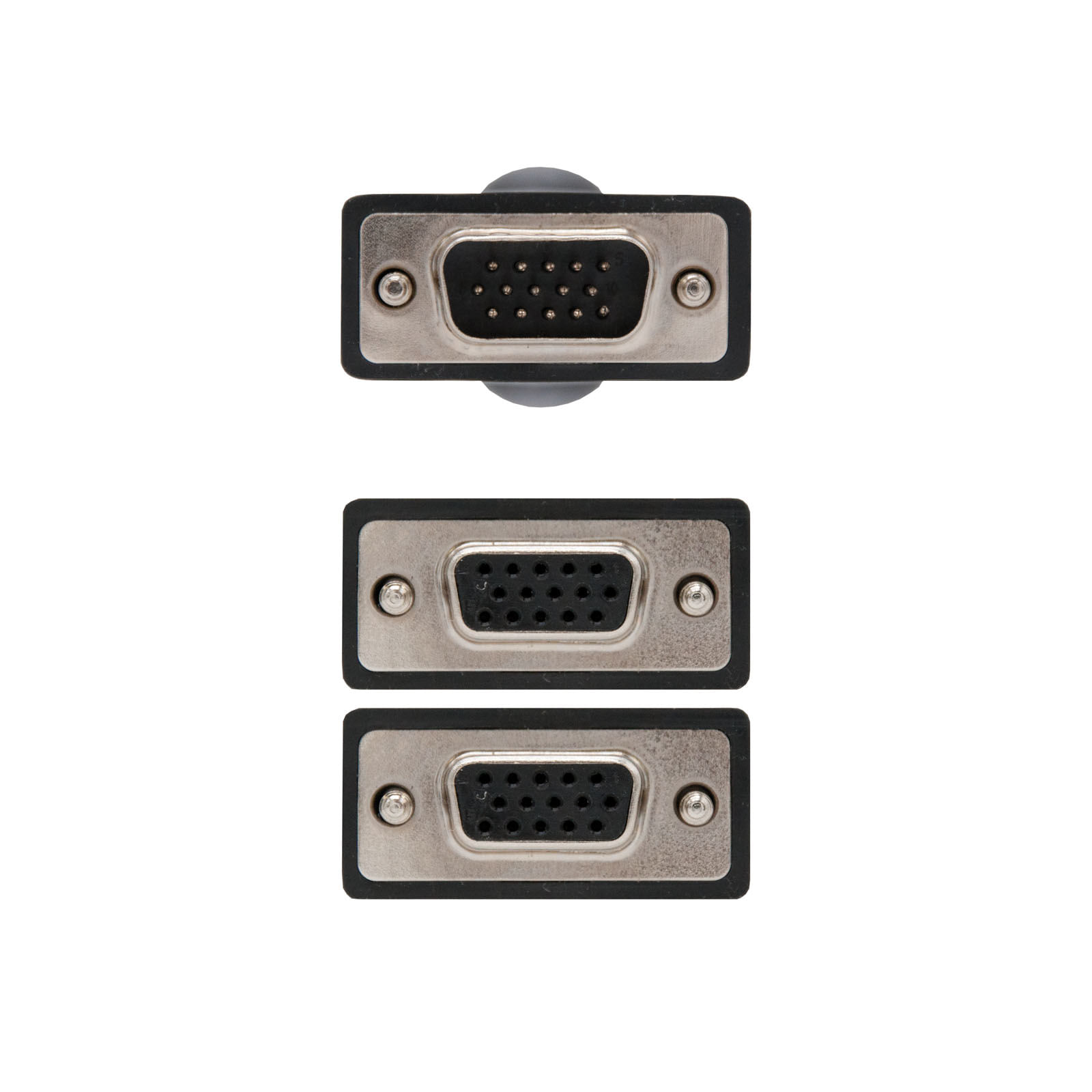 Tres conectores VGA en disposición vertical, metal plateado con marcos de plástico negro, sobre fondo blanco.