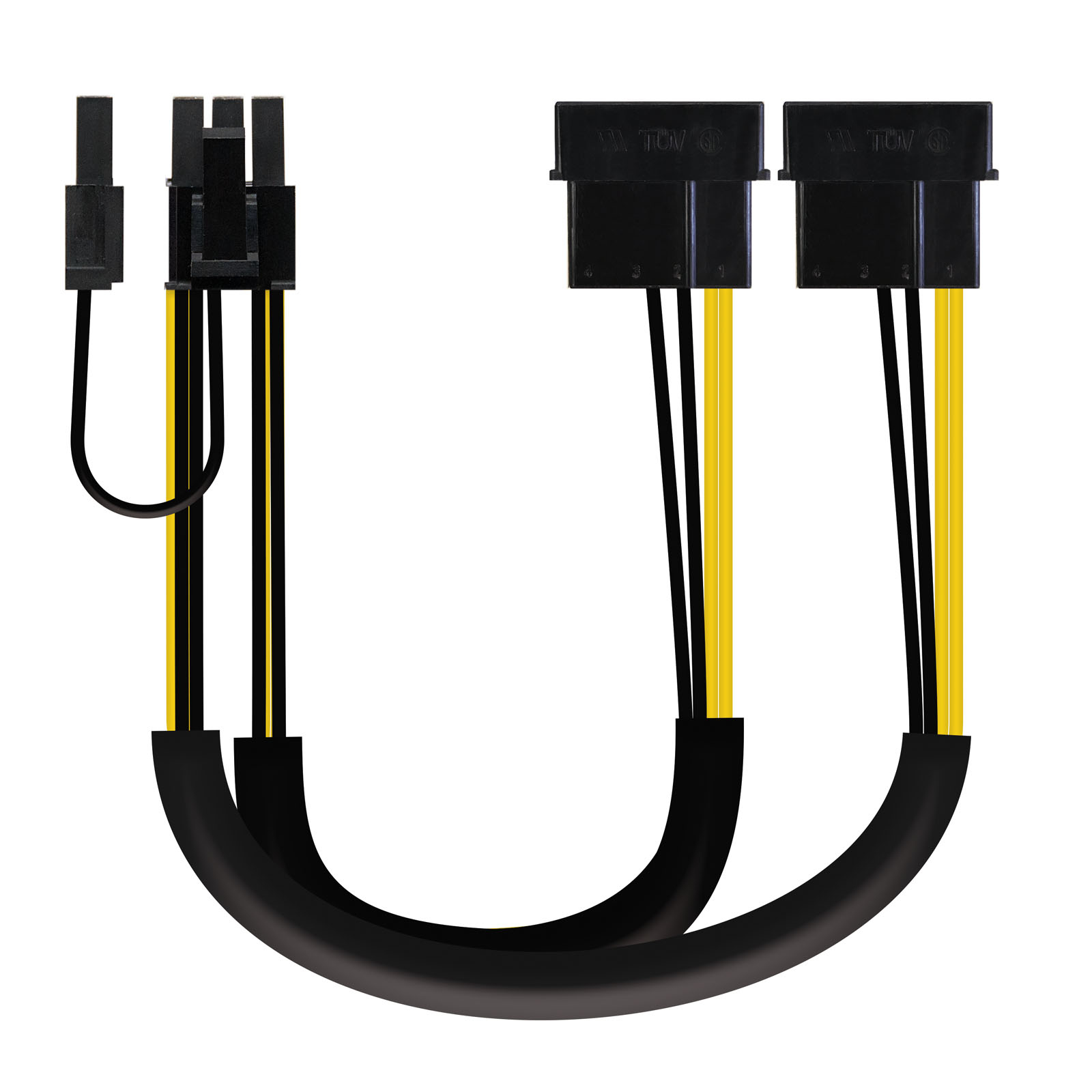 Un cable de alimentación negro y amarillo con conectores negros. El cable tiene forma de U.