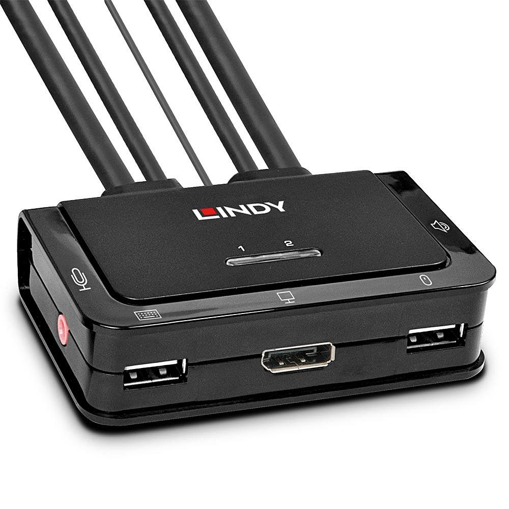 Een zwart Lindy-apparaat met aangesloten kabels. Het heeft USB- en HDMI-poorten en een microfoonpoort. De nummers 1 en 2 zijn zichtbaar.
