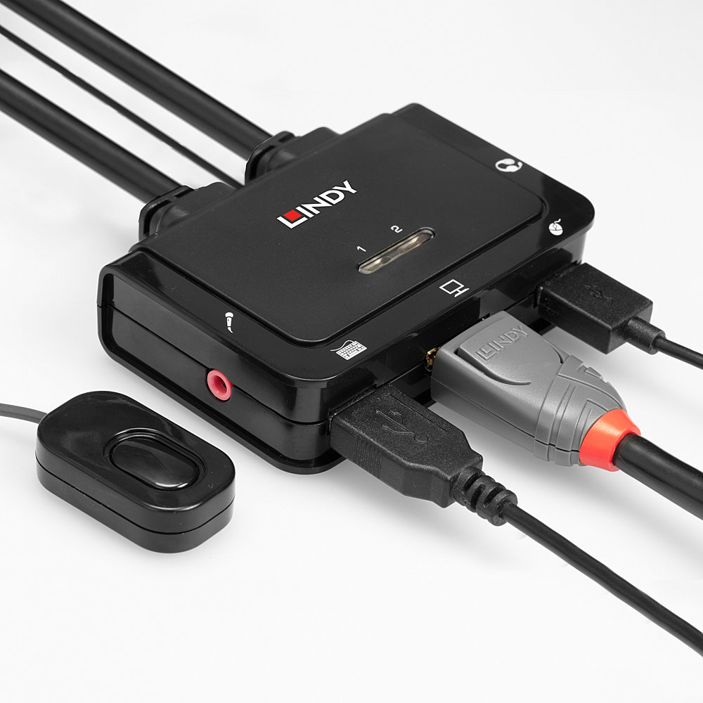 Een zwart Lindy-apparaat met kabels en poorten. Inclusief een knop, USB en audio-aansluitingen. Witte achtergrond.