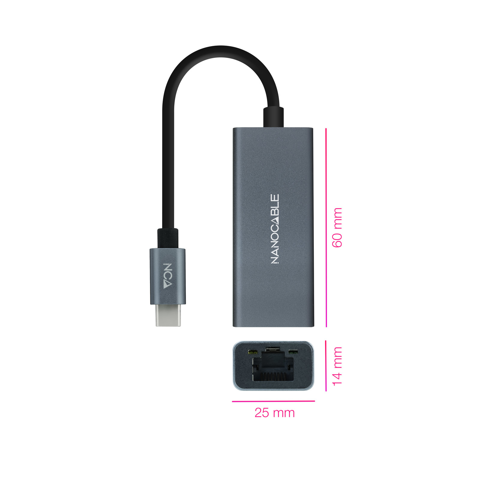 Un adaptador Nanocable gris con cable negro. Tiene un conector USB-C y un puerto Ethernet. Se muestran las dimensiones.