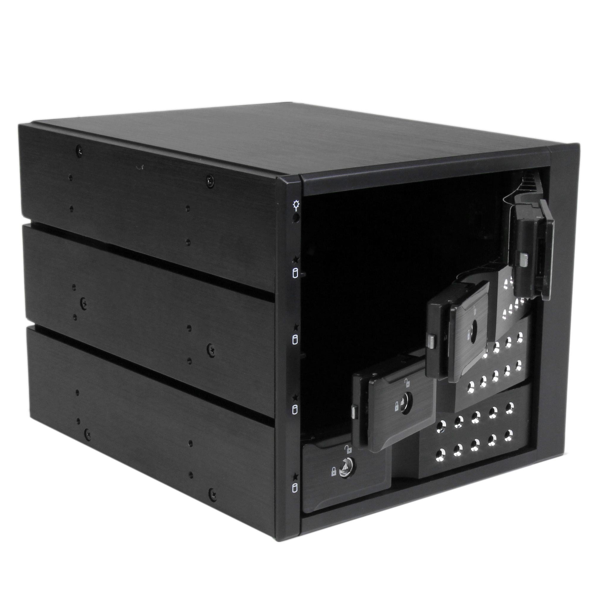 Una caja de computadora negra con varias bandejas extraíbles y compartimentos abiertos. Un mecanismo de bloqueo es visible.