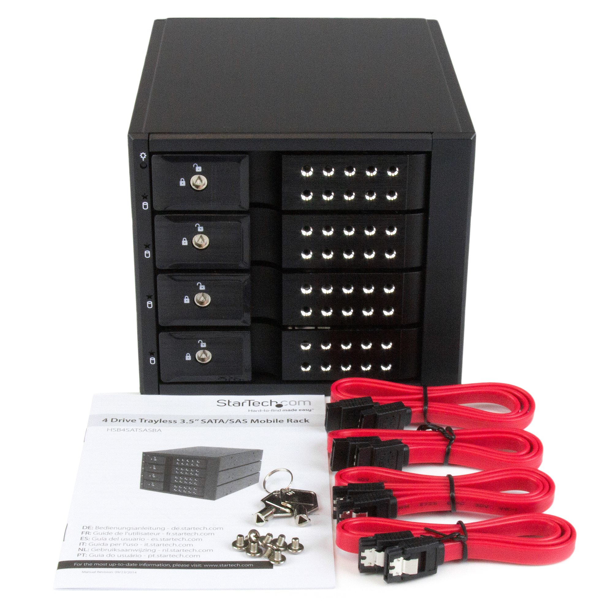 Rack negro para 4 discos duros con cables rojos, llaves, tornillos y un manual sobre una superficie blanca.