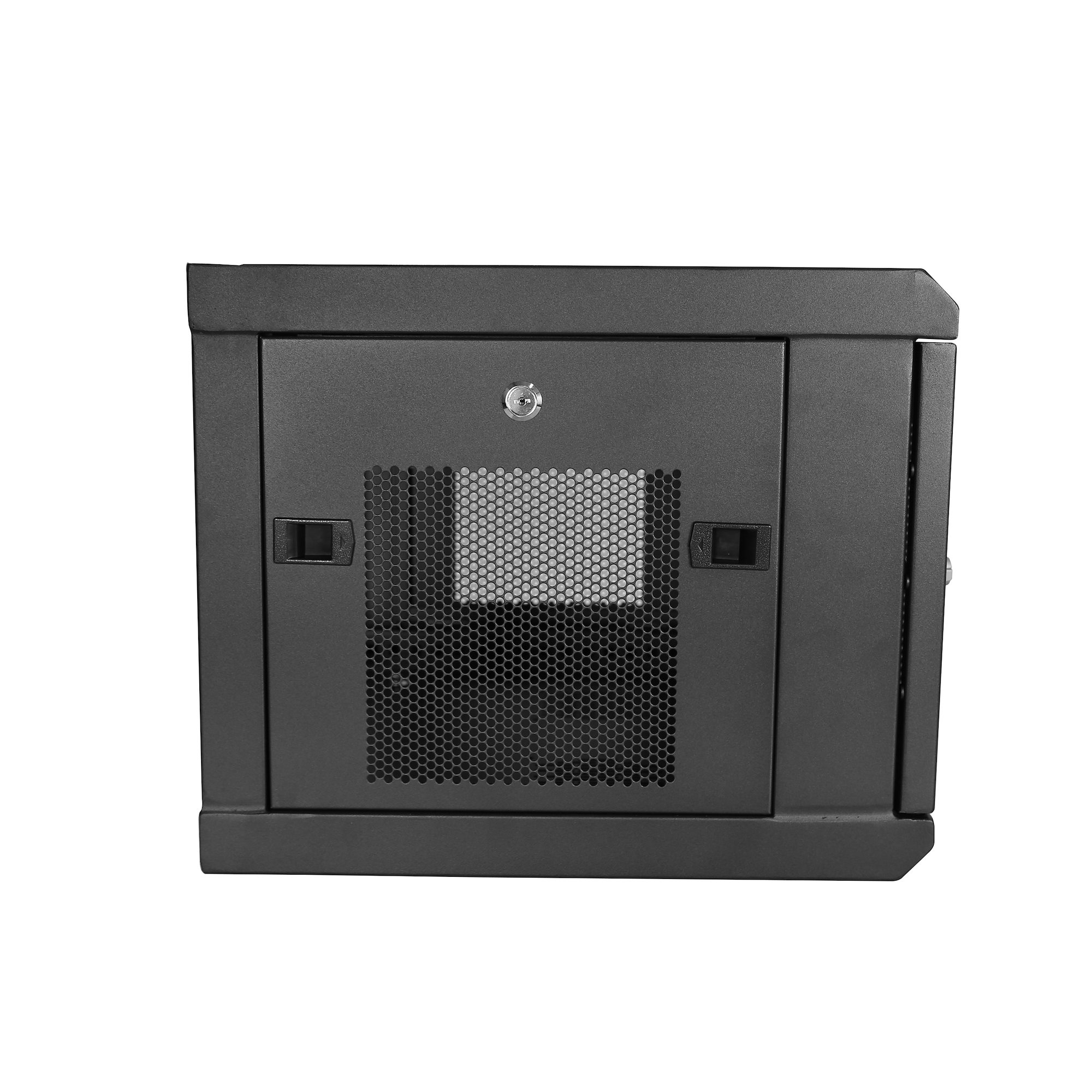 Un armario rack de servidor gris oscuro con cerradura, ventilación y puertas sobre fondo blanco.