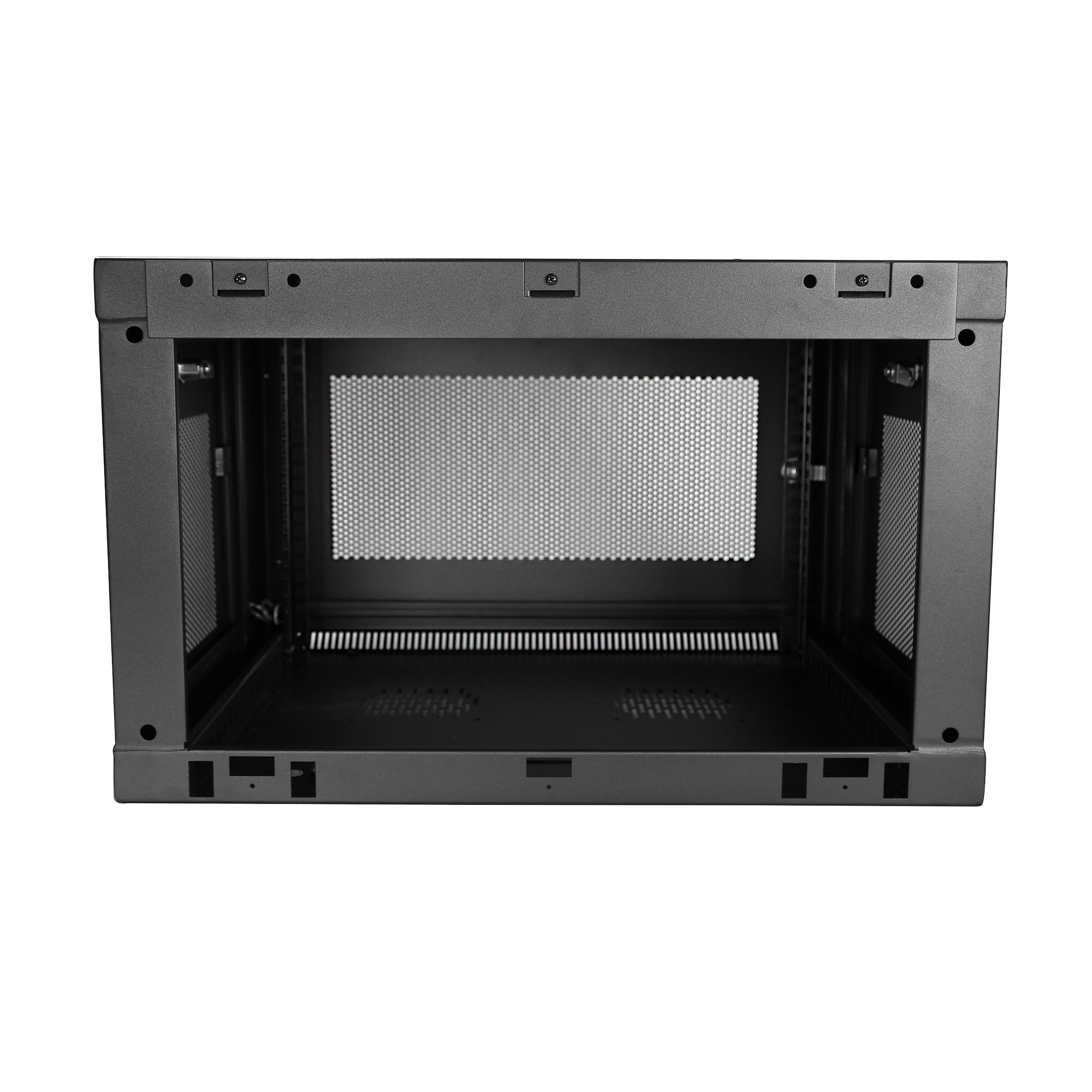 Un armario de rack para servidores gris oscuro. Está vacío por dentro y tiene una malla frontal y paneles laterales.