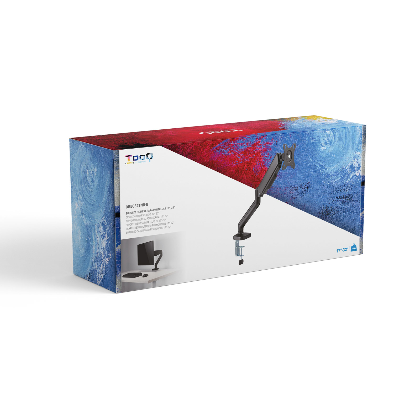 Karton mit Monitorständer. Es hat ein blaues, rotes und weißes abstraktes Design. Text auf der Box listet Produktmerkmale auf.
