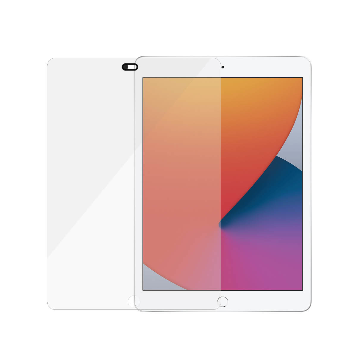 Un iPad con protezione schermo. Lo schermo mostra una sfumatura colorata. La protezione è parzialmente staccata.
