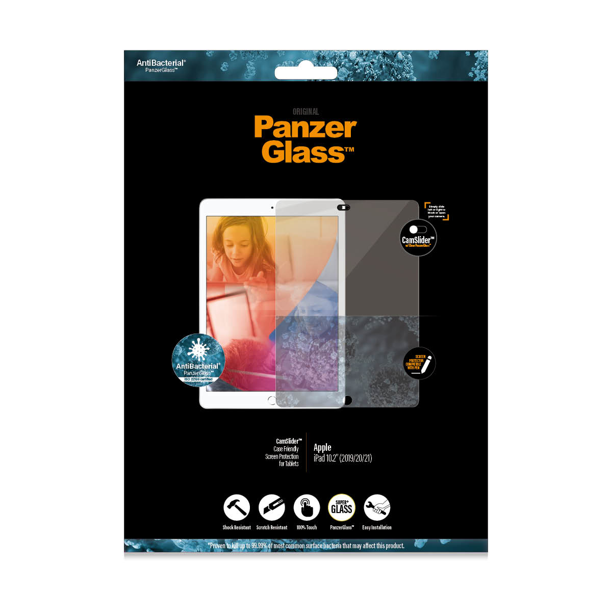 Una confezione di protezione schermo PanzerGlass per iPad. Presenta il marchio, i dettagli del prodotto e un'immagine di una ragazza che usa un iPad.