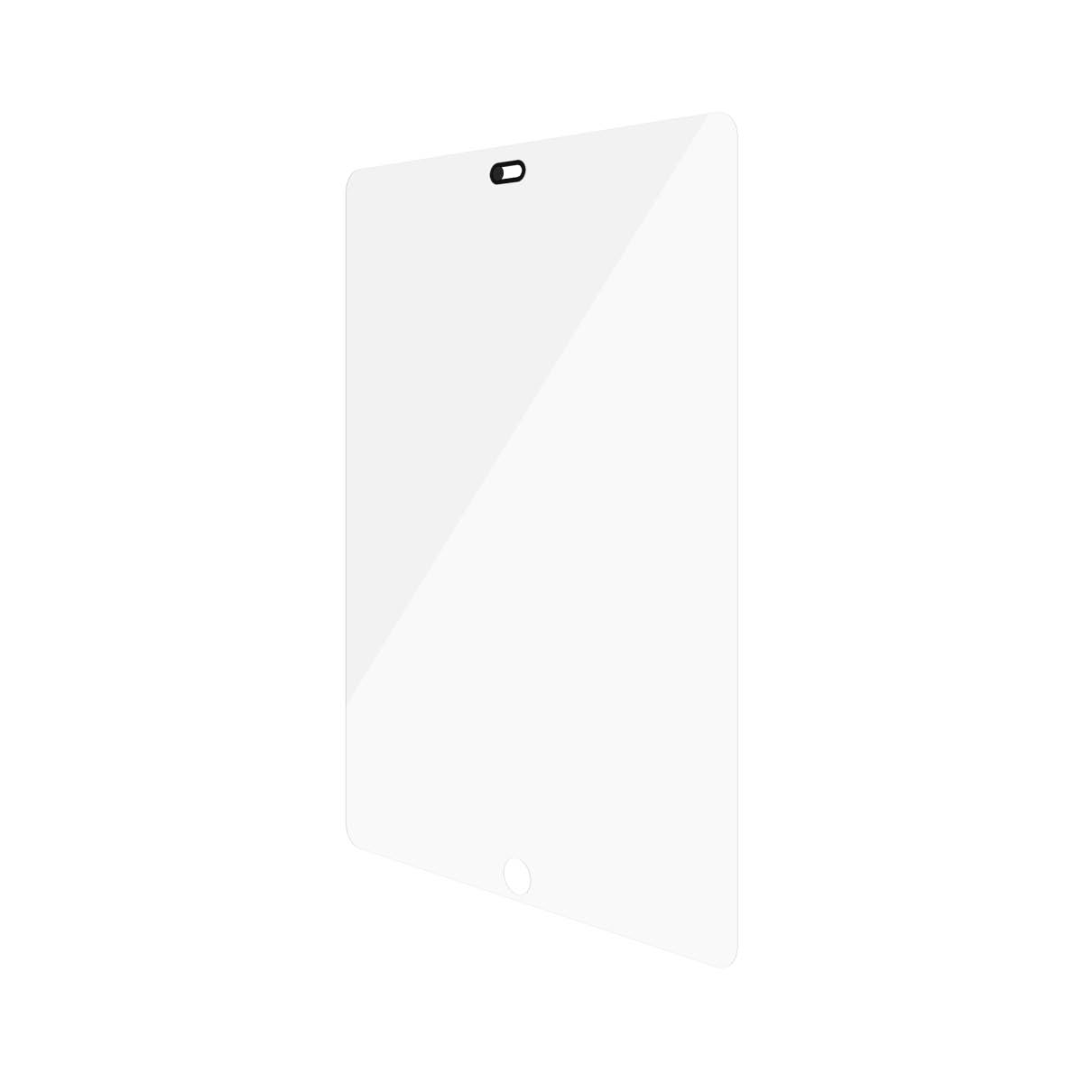 Un proteggi schermo trasparente per tablet. Ha un ritaglio per la fotocamera in alto e per il pulsante in basso. Lo sfondo è bianco.