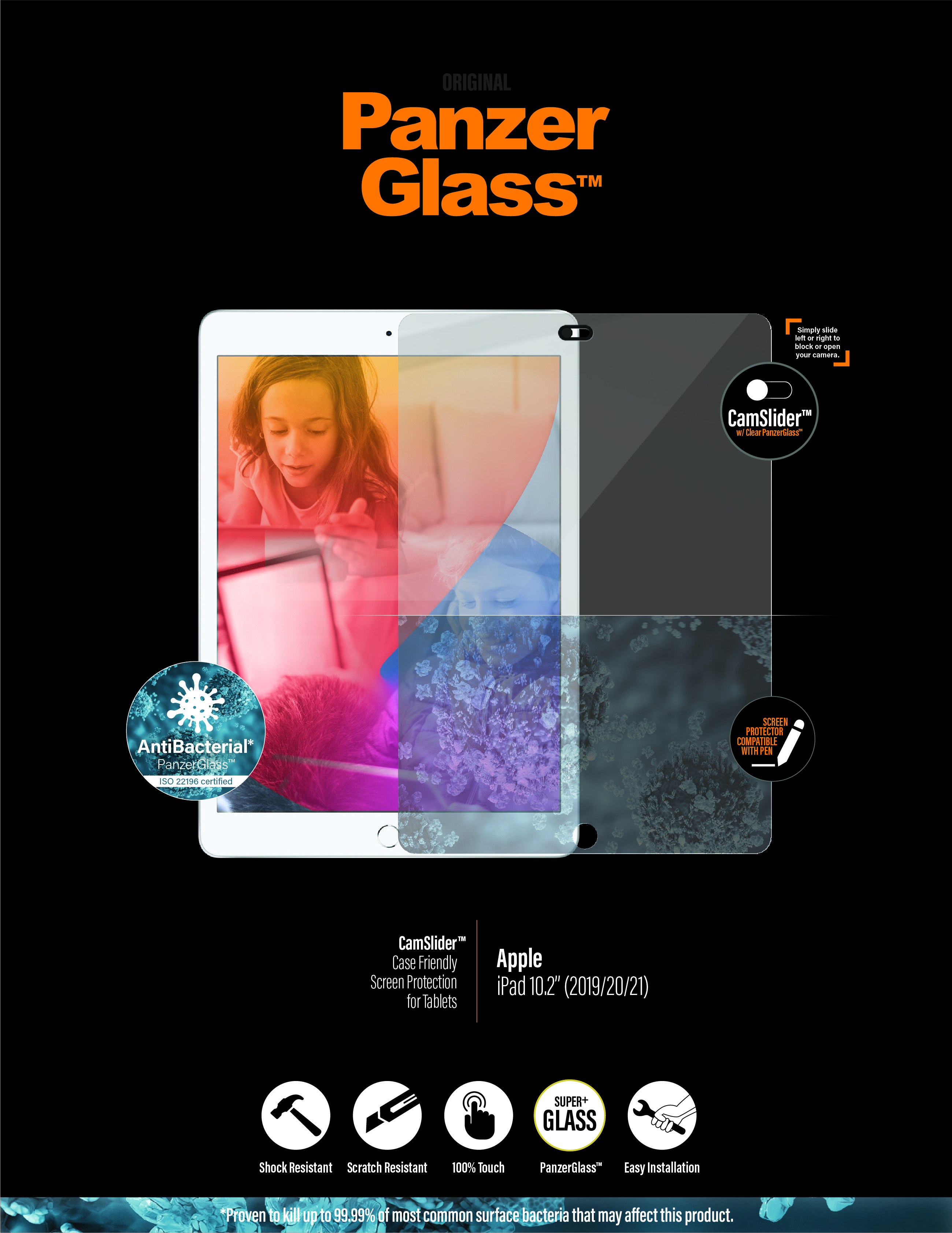 Annuncio del prodotto che mostra una protezione per lo schermo per iPad, con funzionalità e un bambino che usa l'iPad.
