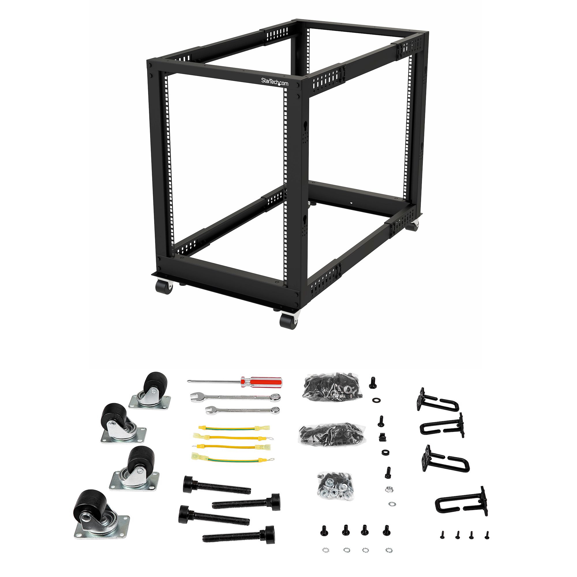 Un rack de servidor negro sobre ruedas con varios componentes de hardware, como tornillos, herramientas y ruedas.