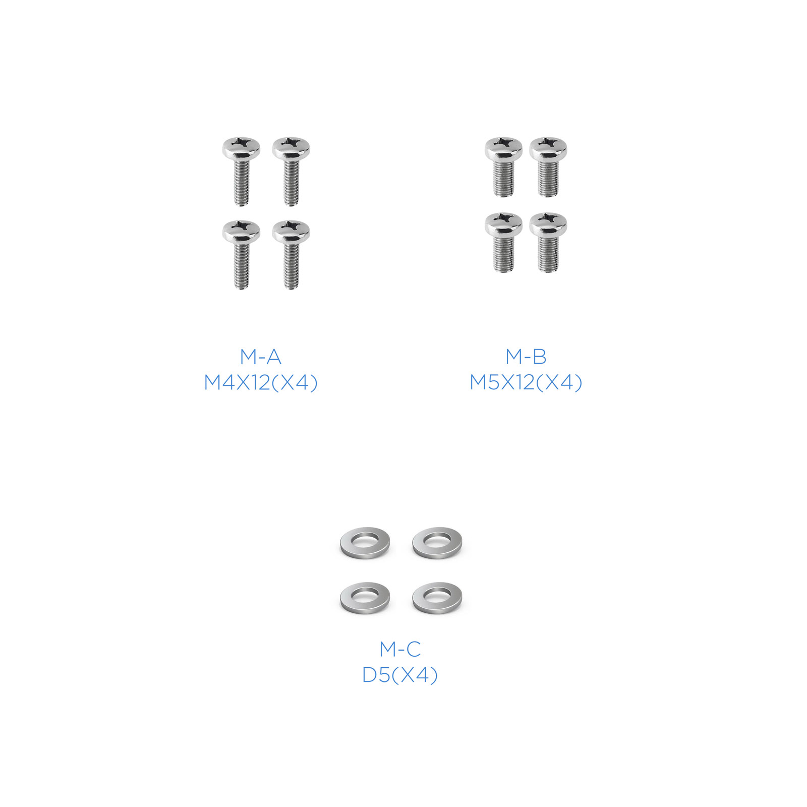 La imagen muestra tornillos y arandelas: cuatro tornillos M4X12, cuatro tornillos M5X12 y cuatro arandelas D5, todo sobre un fondo blanco.
