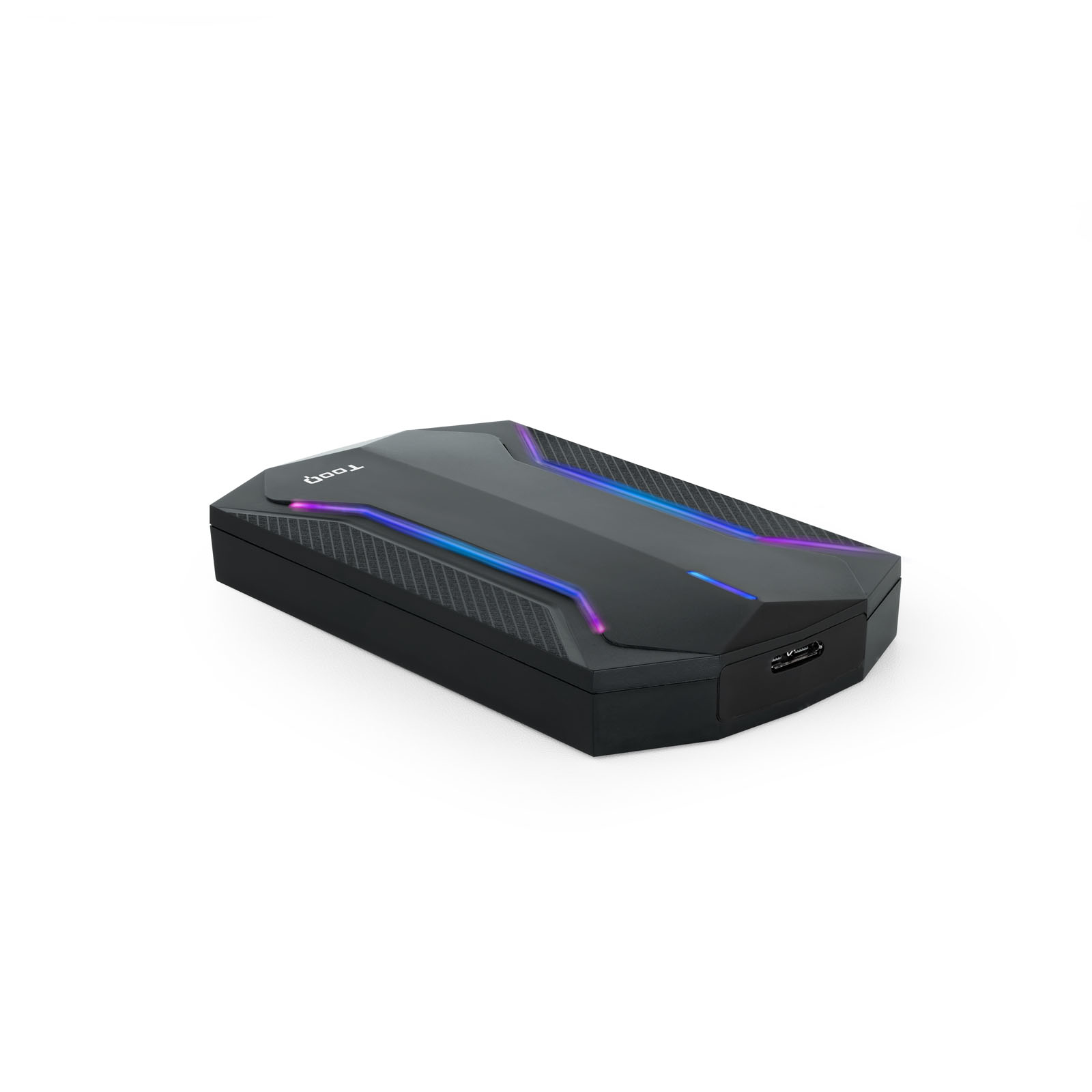 Un dispositivo rectangular negro con líneas azules y moradas brillantes sobre un fondo blanco.