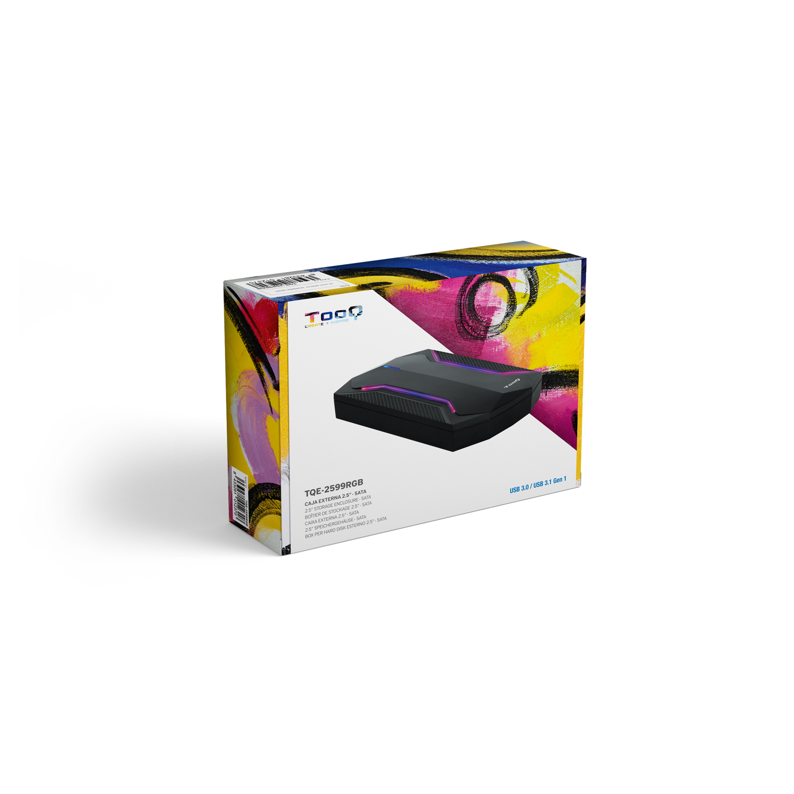 Una caja de producto para TQE-2599RGB. Muestra un disco duro externo negro con detalles morados. La caja tiene arte abstracto colorido.