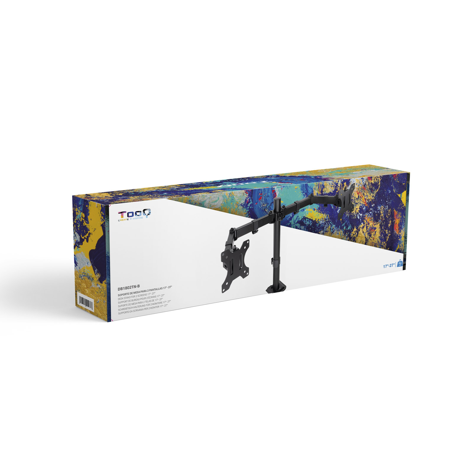 Caja con soporte para monitor. La caja tiene arte abstracto colorido. El soporte es negro y para dos monitores.