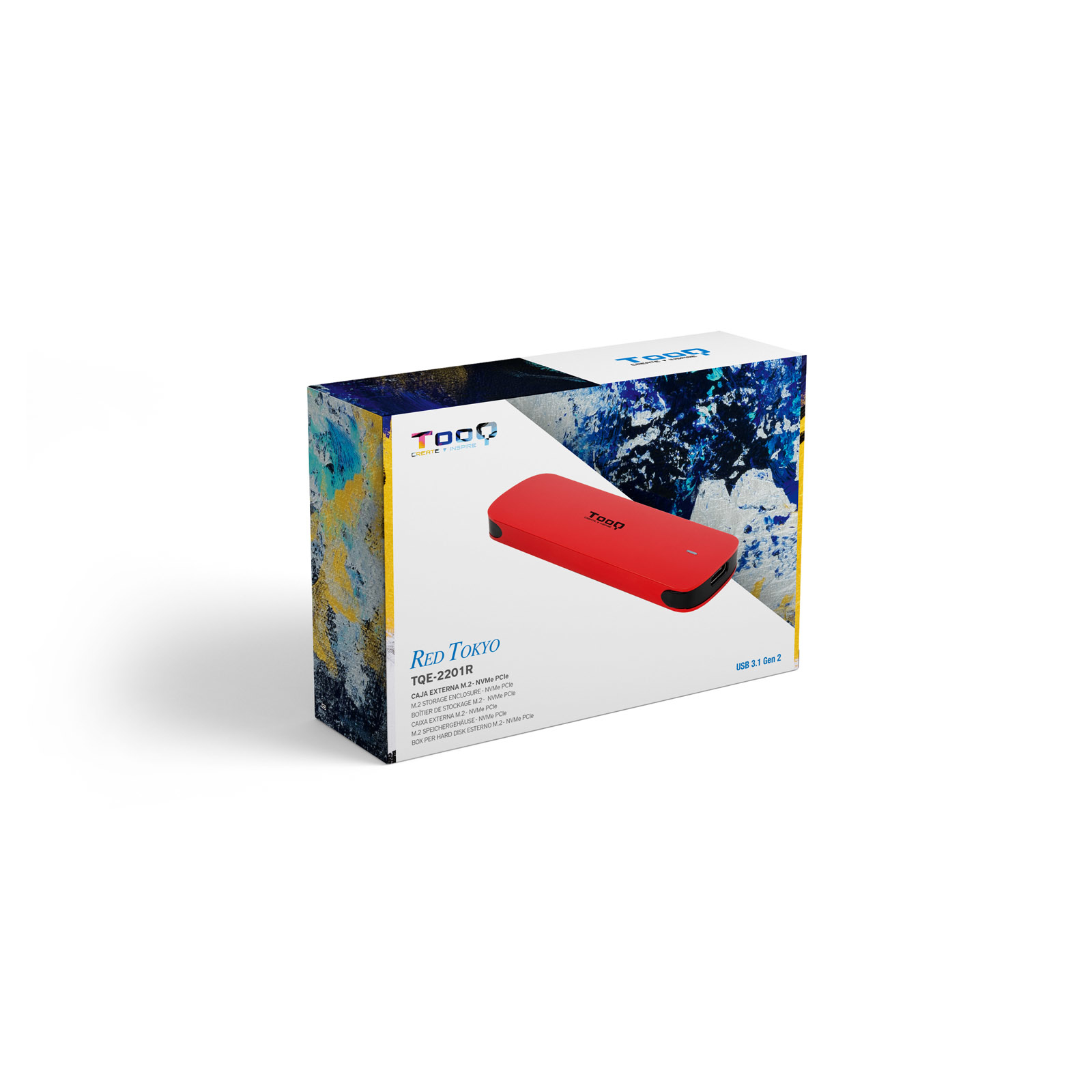 Una caja roja de disco duro externo con la marca 'Tooq' y el nombre del producto 'Red Tokyo'.