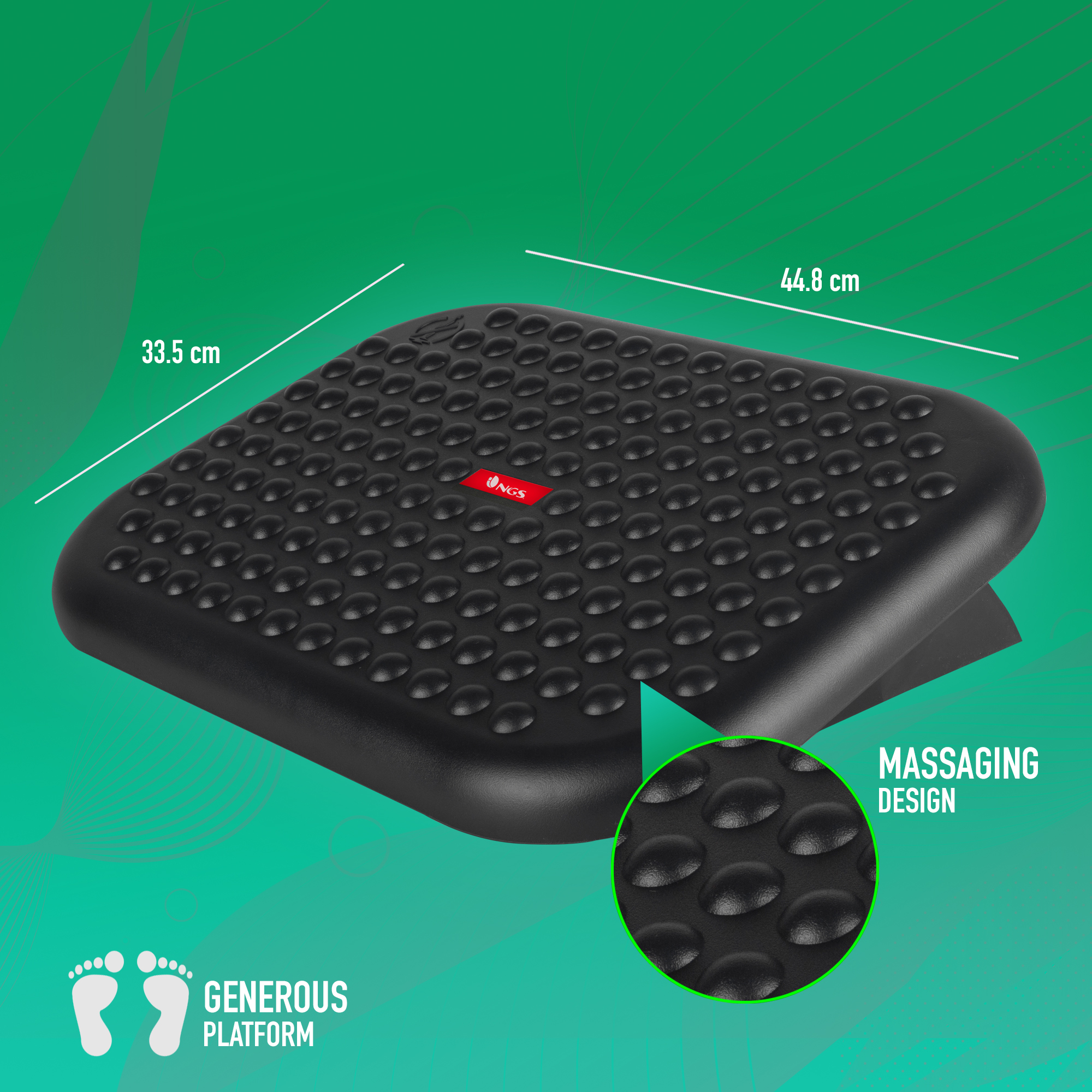 Reposapiés negro con diseño de masaje. Presenta dimensiones y un logotipo rojo. Fondo verde con texto: plataforma generosa.