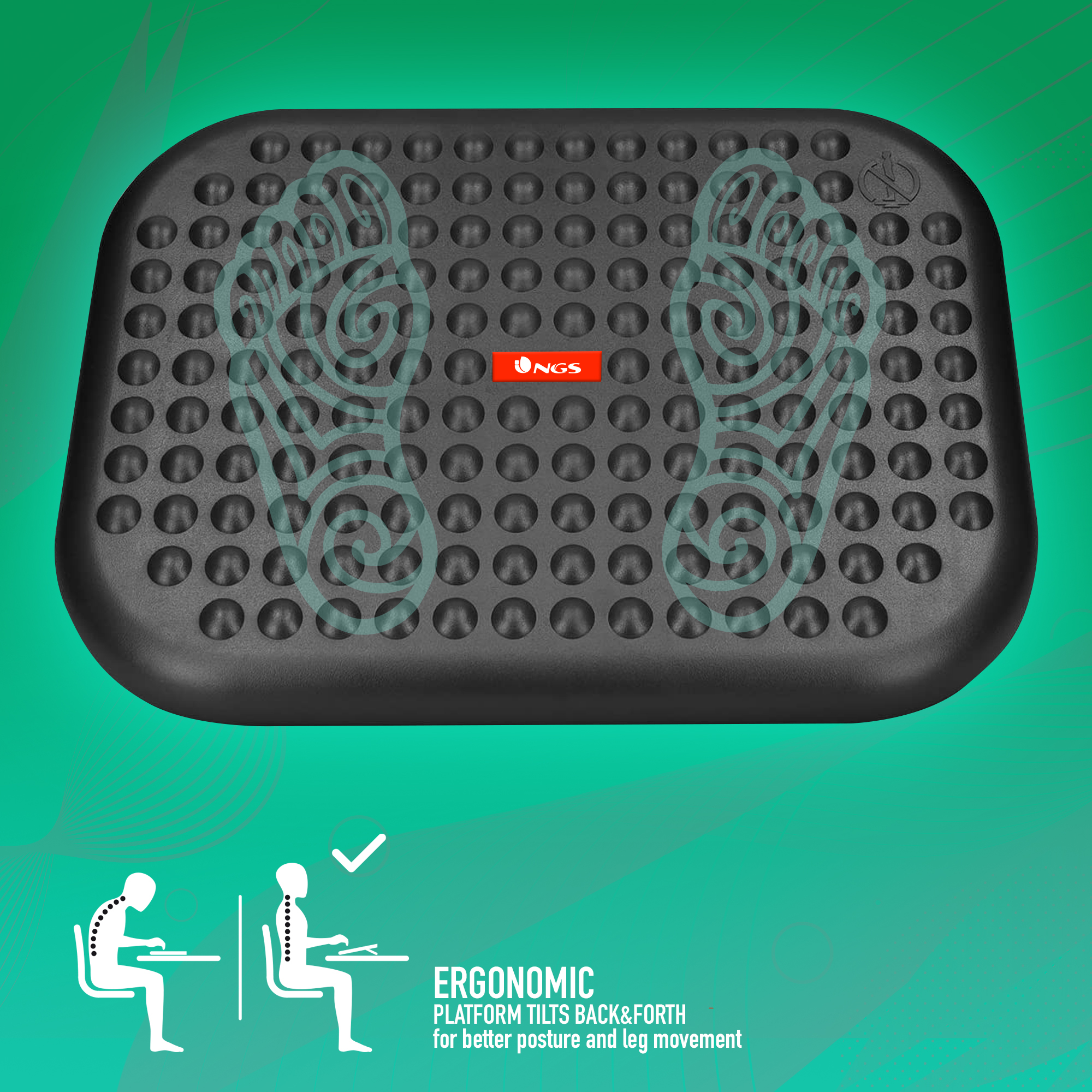 Reposapiés negro con superficie texturizada. El gráfico muestra la postura correcta. Fondo verde con diseño blanco.
