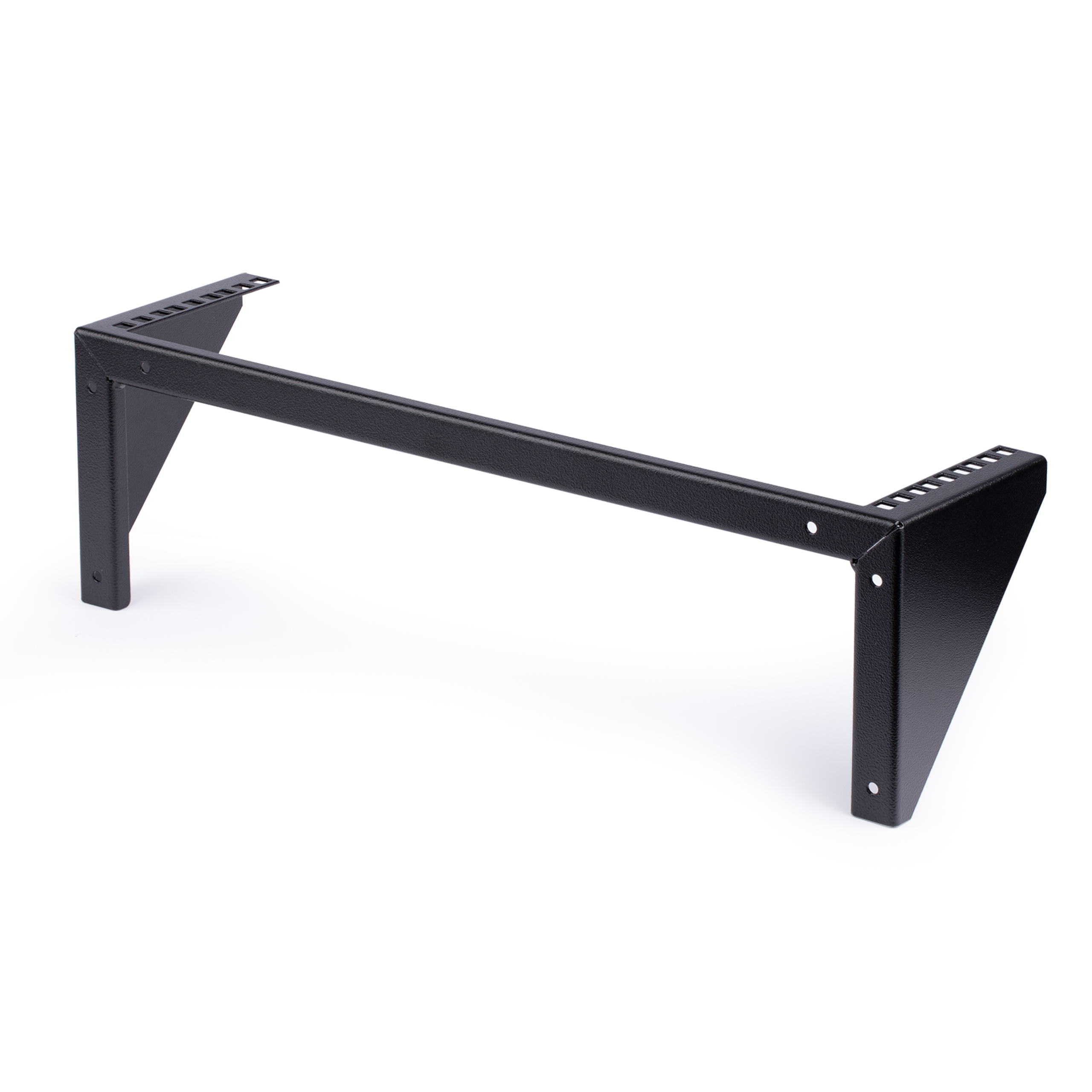 Un soporte metálico negro con una barra horizontal y dos soportes angulados, aislado sobre fondo blanco.