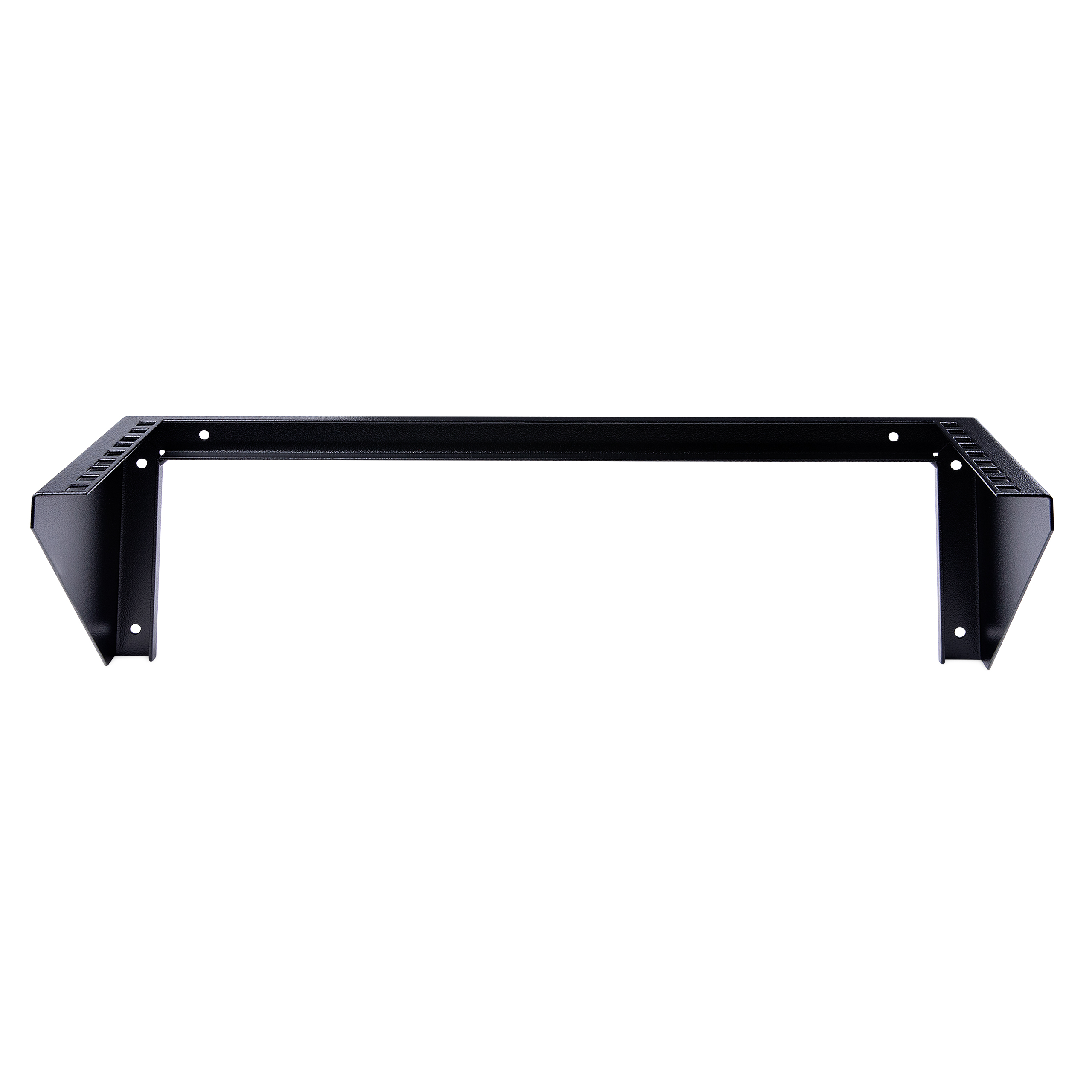 Un soporte metálico negro con una barra horizontal rectangular y lados angulados, sobre fondo blanco.