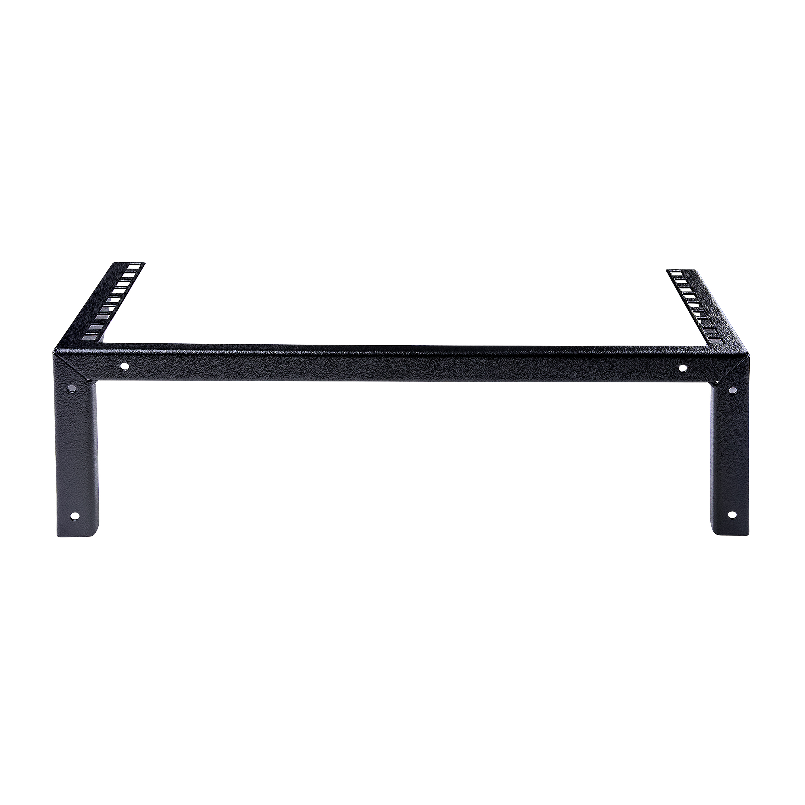 Un componente negro de bastidor metálico, tiene un marco rectangular con soportes verticales y bordes ranurados, sobre fondo blanco.
