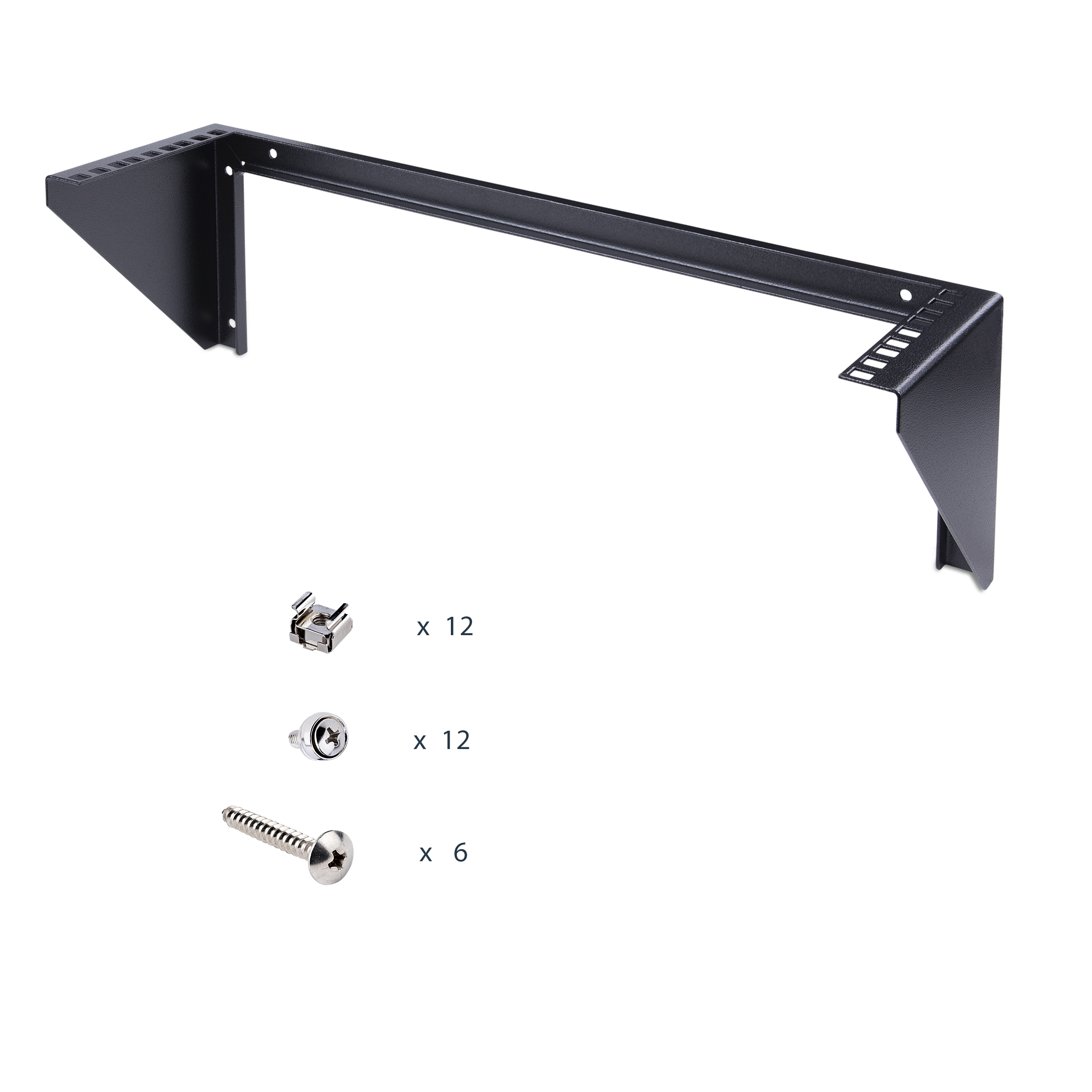 Un componente de rack de metal negro, con hardware de montaje: tornillos y tuercas de jaula. El rack está sobre un fondo blanco.