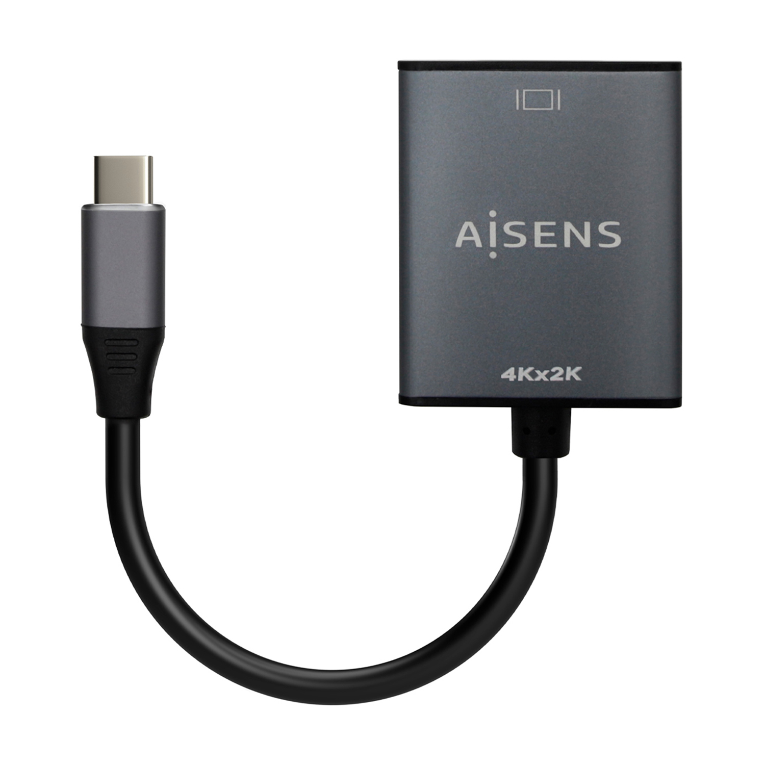 Un adaptador gris con conector USB-C y cable negro está conectado a una caja gris con el logotipo 'AiSens'.