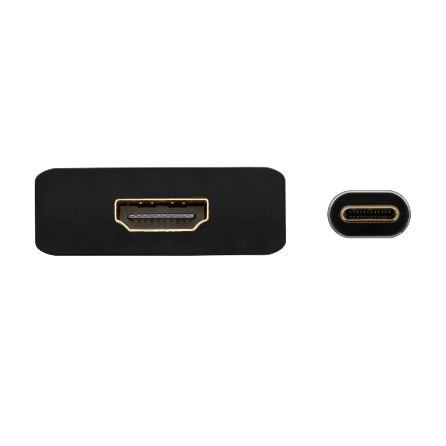 Un adaptador HDMI negro con un puerto HDMI dorado y un puerto USB-C, sobre un fondo blanco.