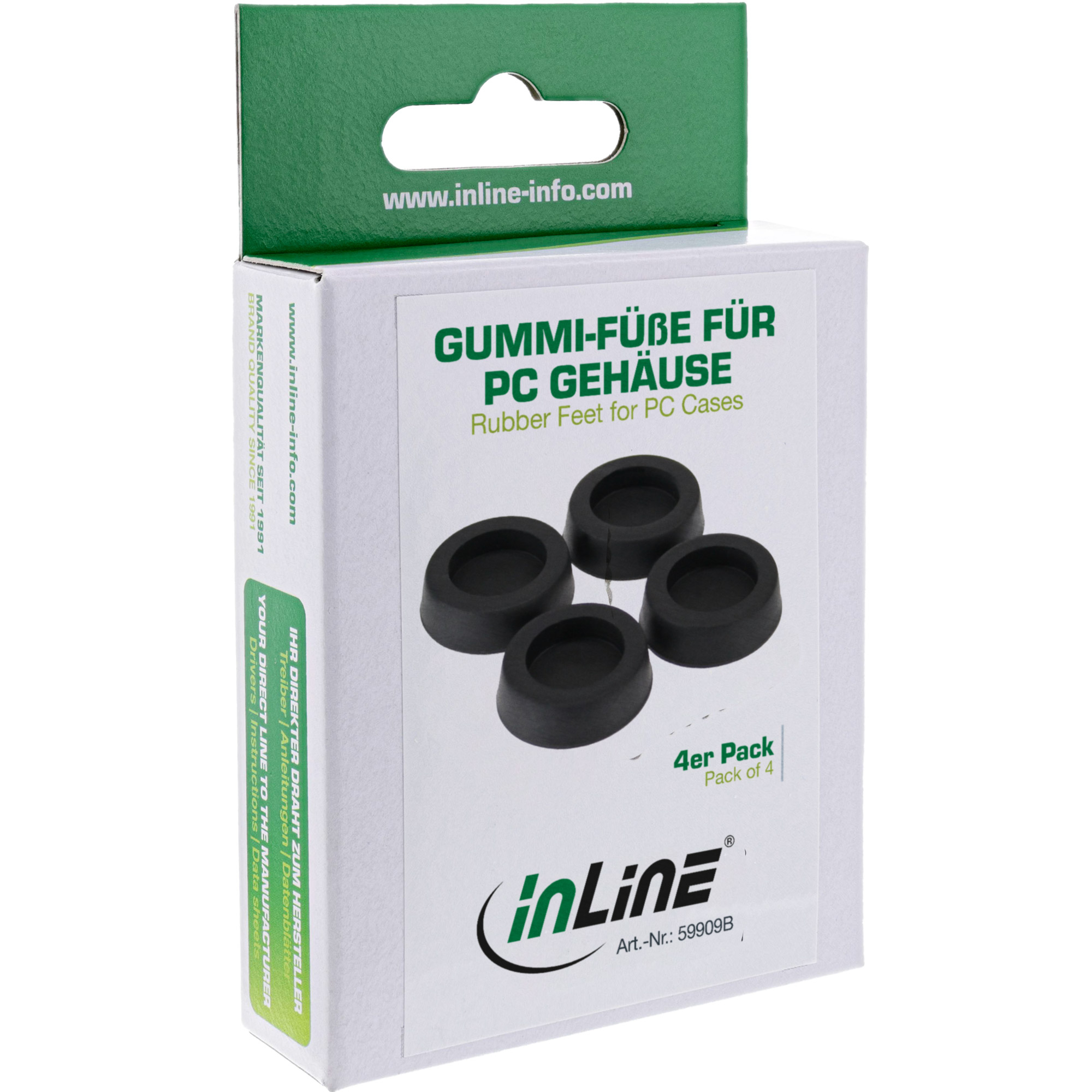 Schachtel mit schwarzen Gummifüßen für PC-Gehäuse. Enthält 4 Stück, Marke 'inLine'.