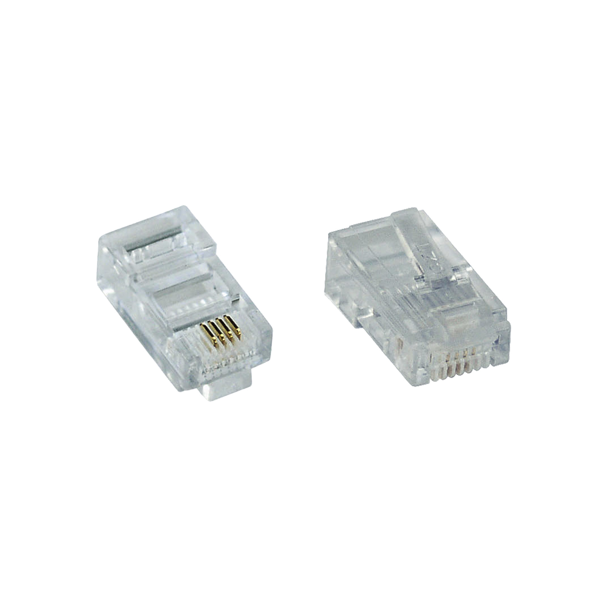 Zwei transparente RJ45-Stecker mit Goldpins auf weißem Hintergrund. Einer ist nach links, der andere nach rechts abgewinkelt.